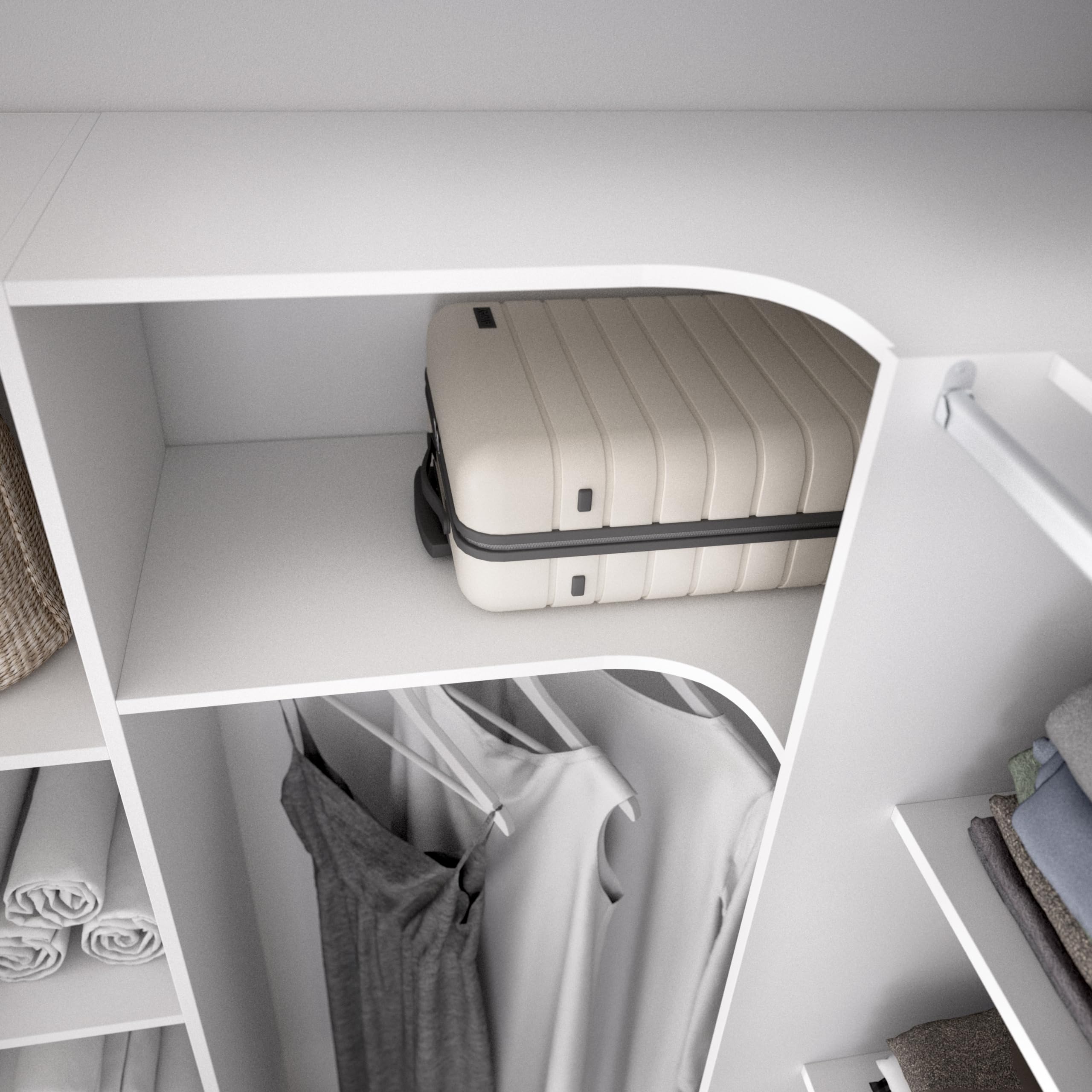 DEKIT GRUPO RIMOBEL SUIT - Conjunto de Vestidor rinconero con dos columnas, zona de barras y cortina - Blanco - 205 x 164-234 x 141 cm