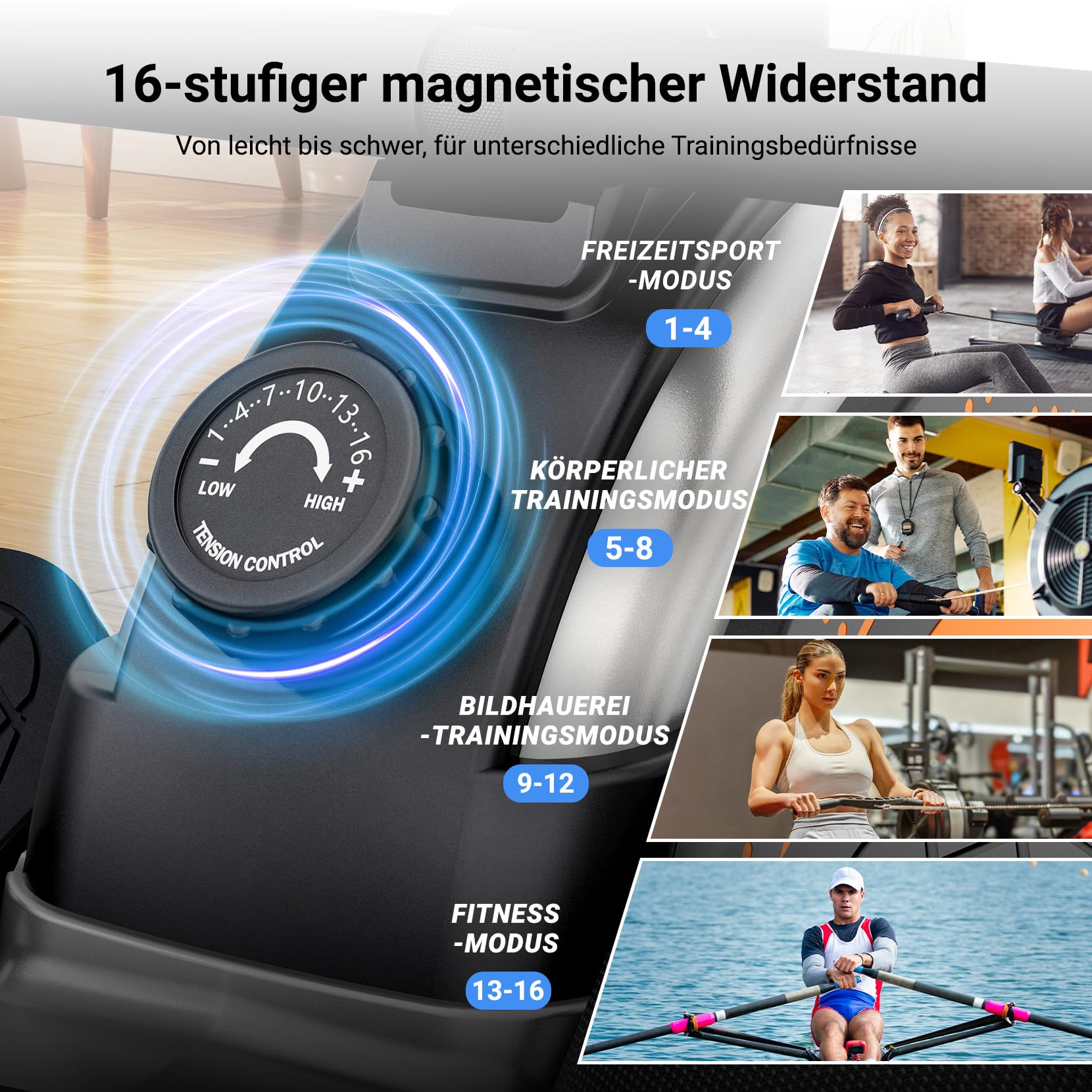 Dripex Rudergerät für Zuhause, 16 Widerstandsstufen, Leises Magnetisches Rudergerät, Maximale Tragfähigkeit 160 KG, langlebige Gleitschiene, Bluetooth App unterstützt, LCD Monitor