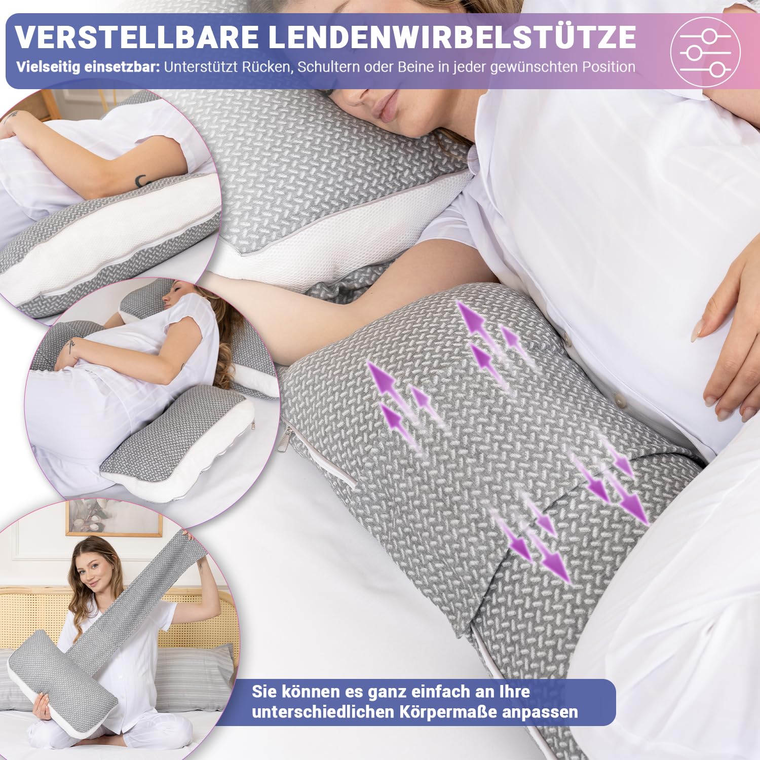 Schwangerschaftskissen 4-in-1 C/U/J/G Form Pregnancy Pillow – Seitenschläferkissen & Stillkissen | Ganzkörperkissen für Schwangere, Rücken, Bauch & Hüfte | Breathable Air-Layer, Abnehmbar & Waschbar