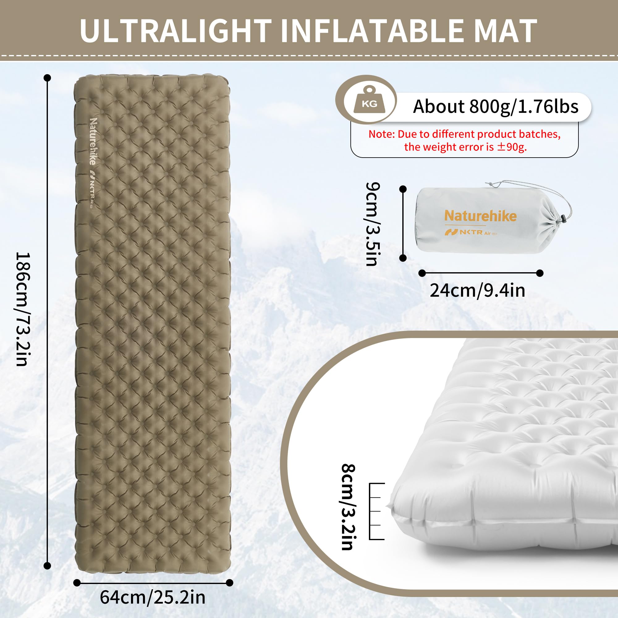 Naturehike Thermal 3,2R Materassino da Campeggio Ultralight, 4 Stagioni (-5 ℃), Materasso ad aria Durevole, alto Valore R, alto Isolamento, per l'inverno