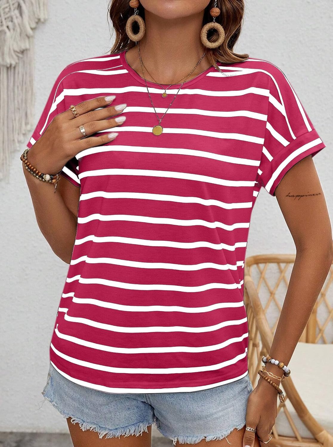 LilyCoco Womens Short Batwing Sleeve Striped Shirt Crew Neck Tops Casual Loose Fit Tee - Image 3
