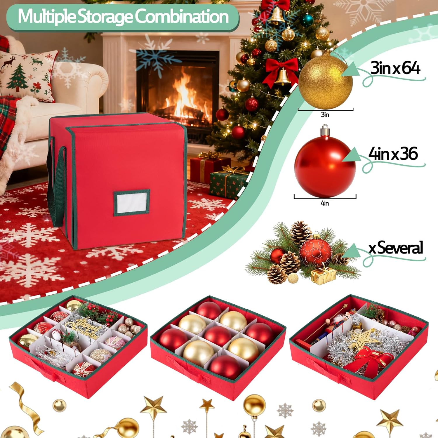 OIAHOMY Christmas Ornament Storage Box with Adjustable Dividers, Christmas Storage Container with Side Open Stores up to 64-3'' Ornaments, 4 Removable Drawer Style Trays - Red - Image 4