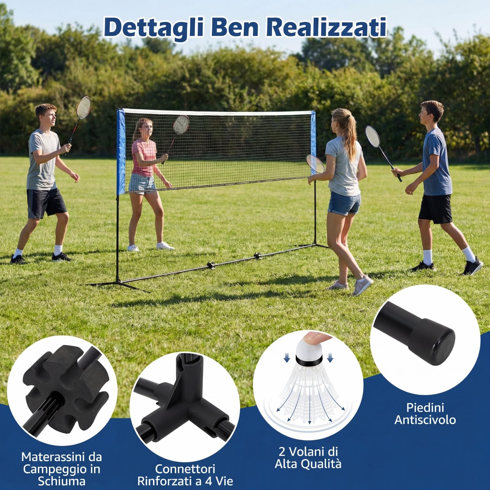 COSTWAY Rete da Badminton 310/420/510 cm Portatile e Regolabile in Altezza, Rete da Badminton con 2 Volani, Tappi per Piedi, Morsetti e Borsa, per Pallavolo e Pickleball