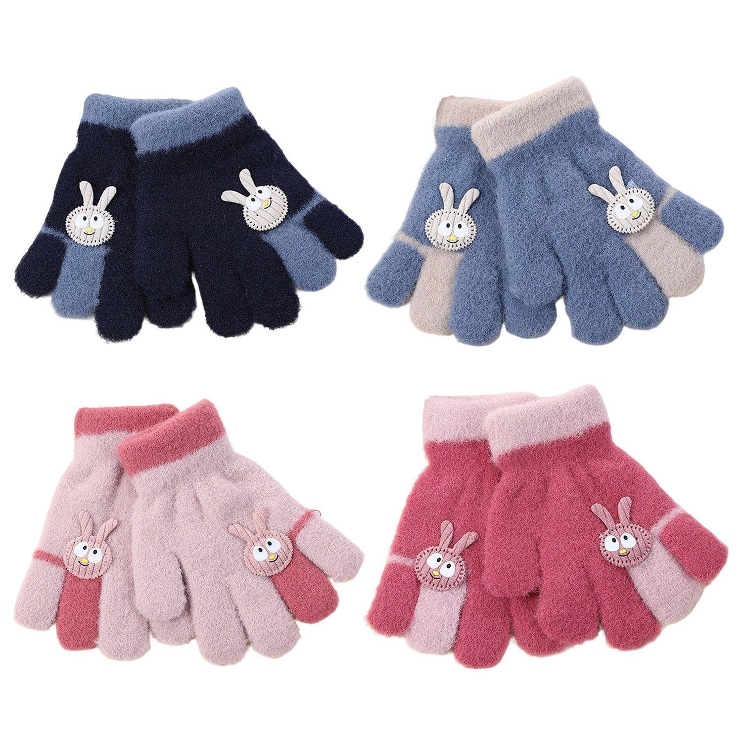 Cynosuretech Unisex Kids Navy Blue 4 Pairs Of Children's Gloves, Wool Knitted Gloves, Cute Rabbit Wool Gloves, Thickened Winter Gloves, Outdoor Cold-Proof Gloves