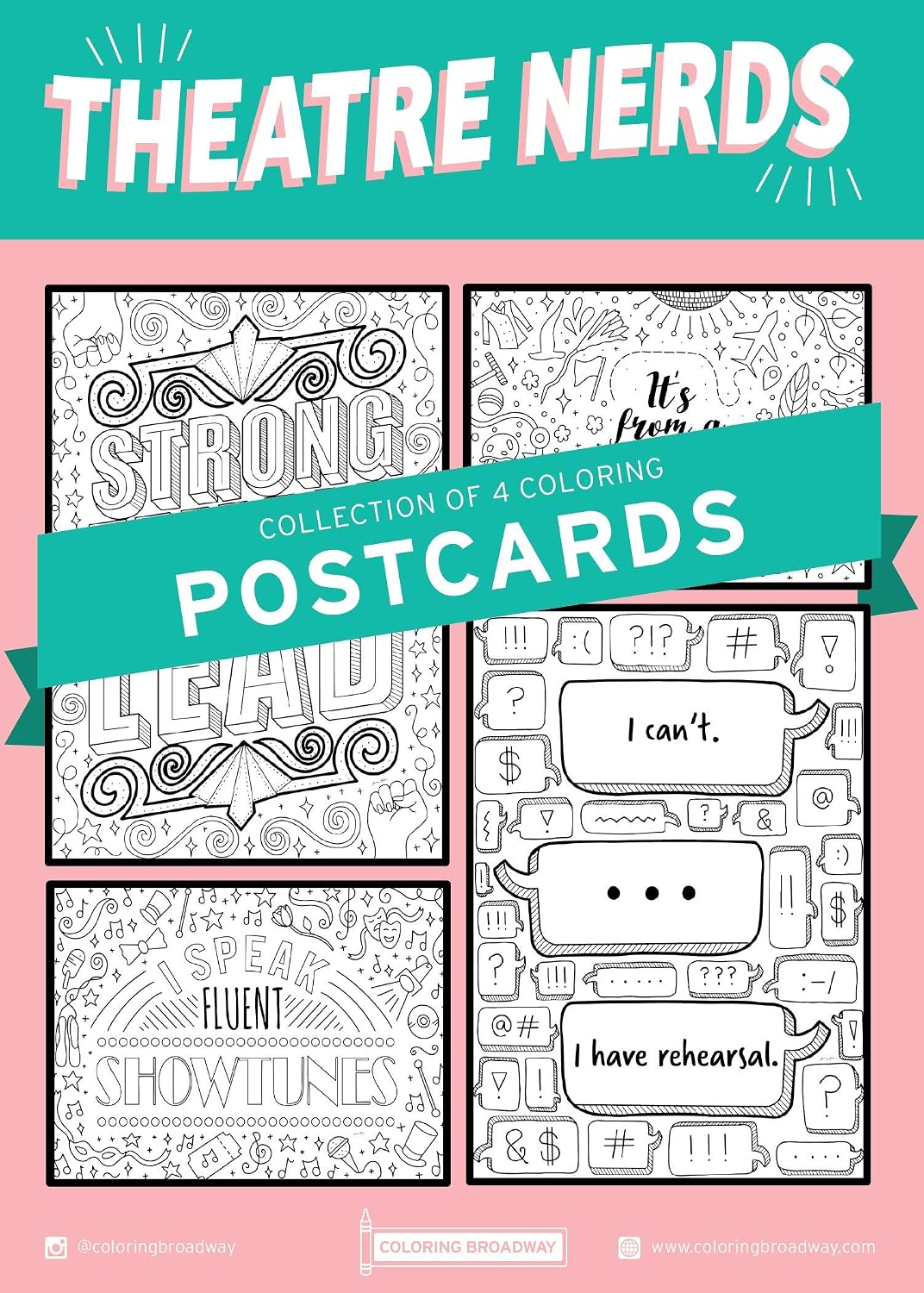 Coloring Broadway - Theatre Nerds Coloring Postcards (Set of 4), Musical Theater Merchandise, Printed on Matte Card Stock (5” x 7”), Ideal Gift for a Broadway Theater Nerd