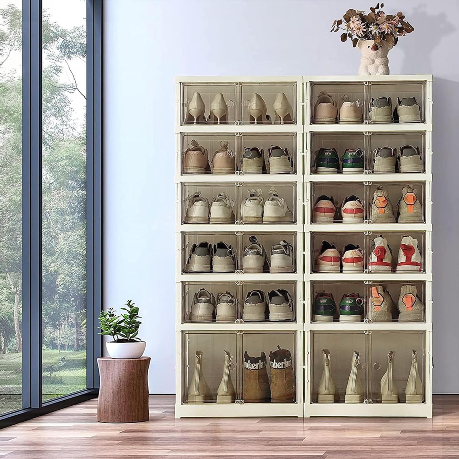Rangement Chaussures Pliable Dur Plastique 6 étage Pointure Jusqu’à 46 Casier Chaussures Meuble Armoire pour 12pcs Chaussures Boite pour Entree Salon Chambre avec aspiration magnétique Porte