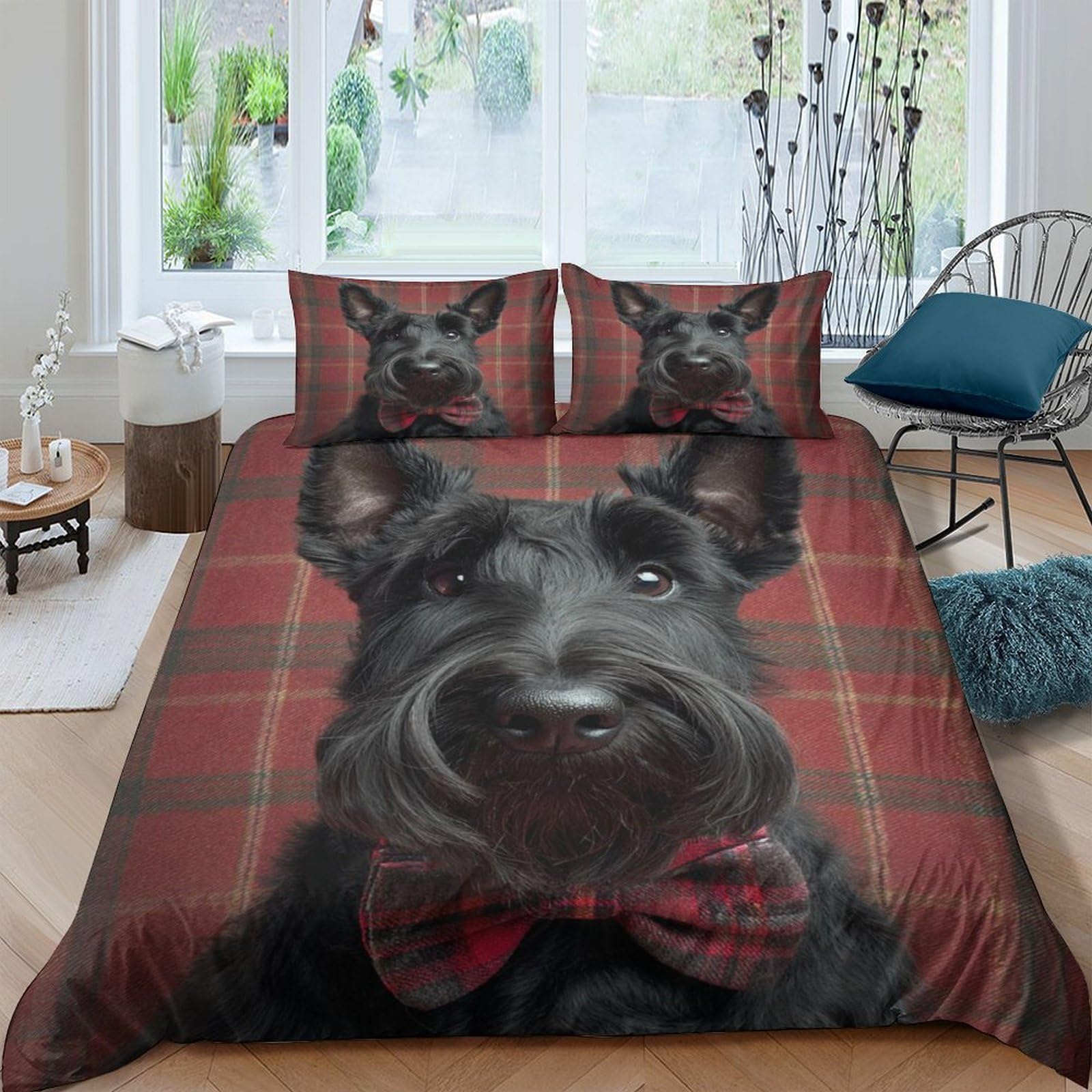 Ctjqhvkz Style-8 3D Printed Black Scottish Terrier Fitted Sheet Microfiber Red Plaid Bed Cover Non-Slip For Bedroom Guest Room Decor Single（135X200cm）
