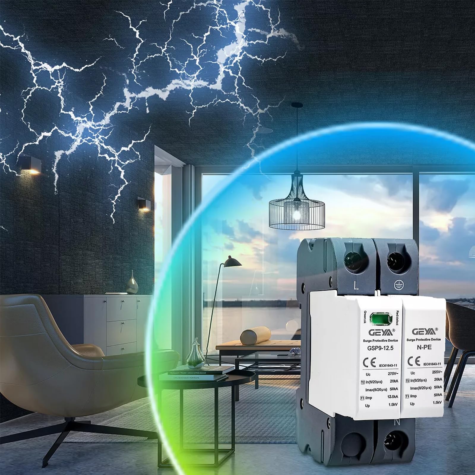 GEYA SPD Limitatore di Sovratensione Guida DIN Casa Protezione contro le sovratensioni 12.5KA T1+T2 Classe 50KA(2P,AC275V)