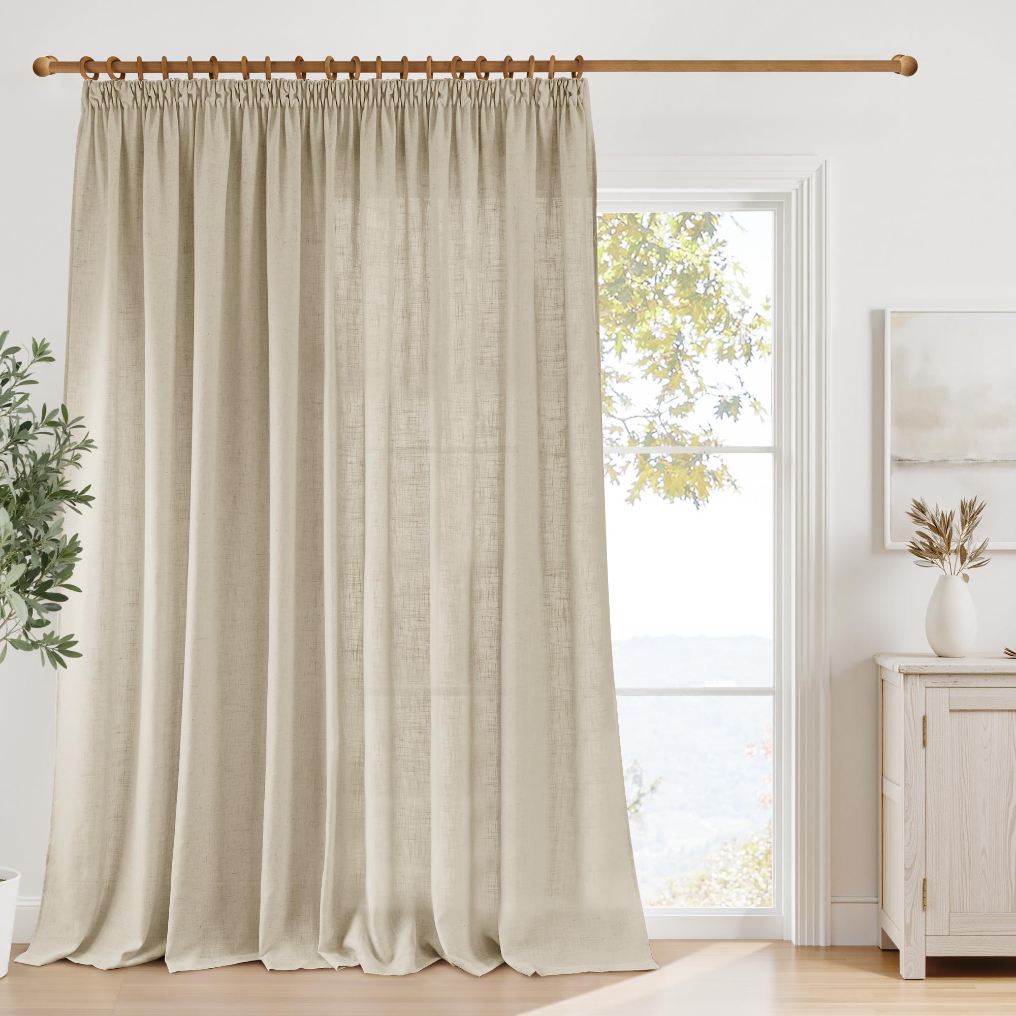 PONY DANCE Cortinas Salon de Lino, Visillos Semi Translucidas de 3 Metros para Dormitorio/Comedor/Separador con Fruncida 1 Panel,300x260cm,Beige Natural
