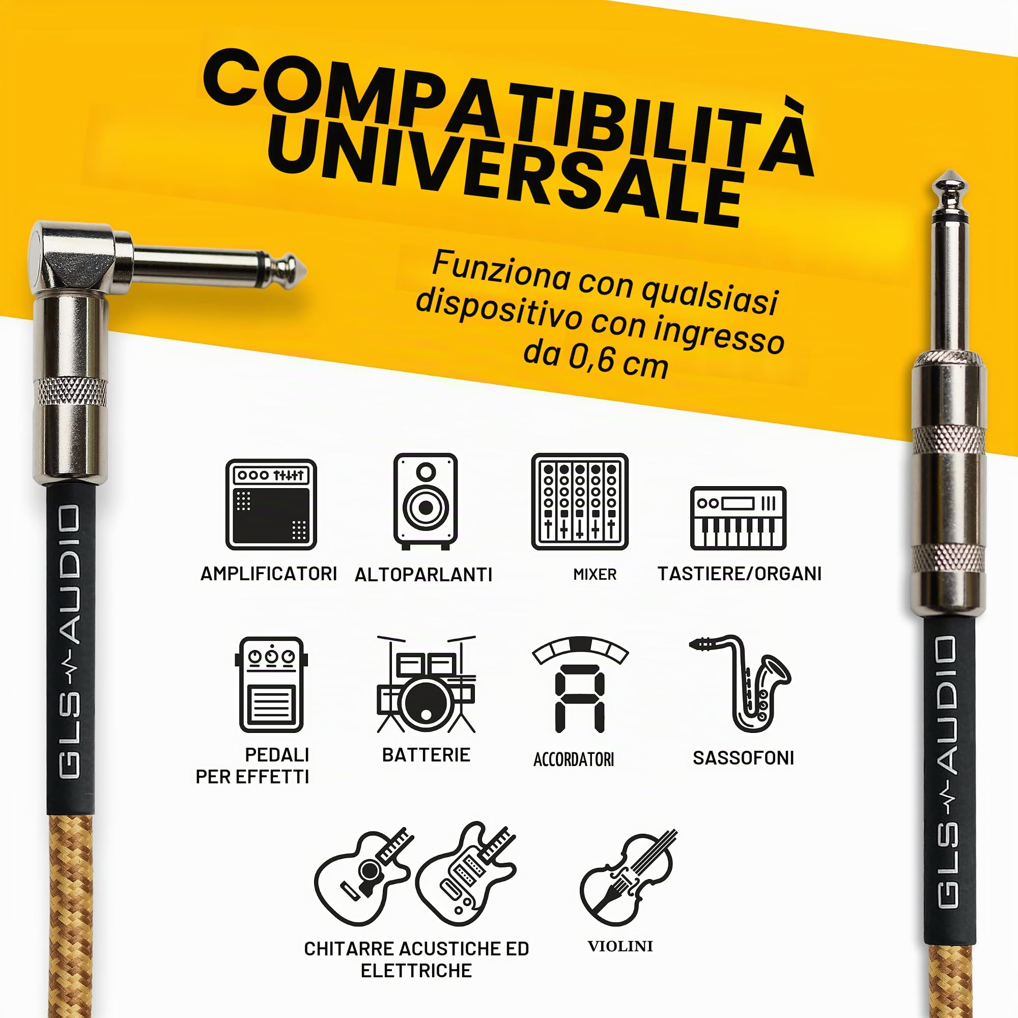 GLS Audio Cavo per strumenti - Cavo amplificatore per basso e chitarra elettrica, cavo dritto ad angolo retto da 1/4", in tweed intrecciato marrone/giallo, 6,1 m
