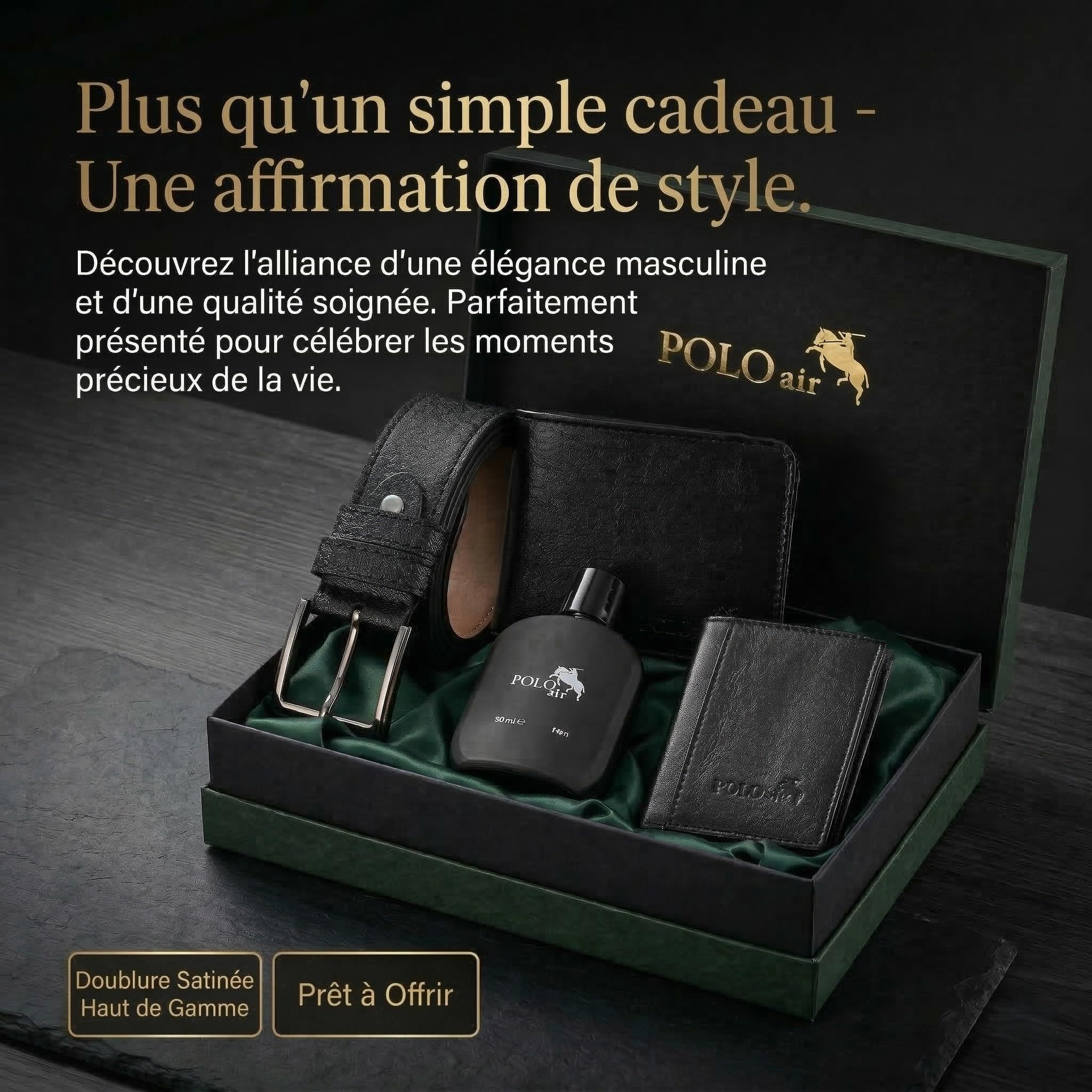 Polo Air Coffret-Cadeau Homme 4 Pièces - Ensemble Élégant avec Ceinture Portefeuille Porte-Cartes & 50ml Parfum - Noir avec Boîte Cadeau Premium
