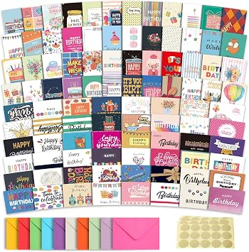 100 Unique Birthday Cards with Envelopes - Assorted Happy Birthday Cards, 4 x 6 inches, Envelopes & Stickers in Bulk Boxed Set
