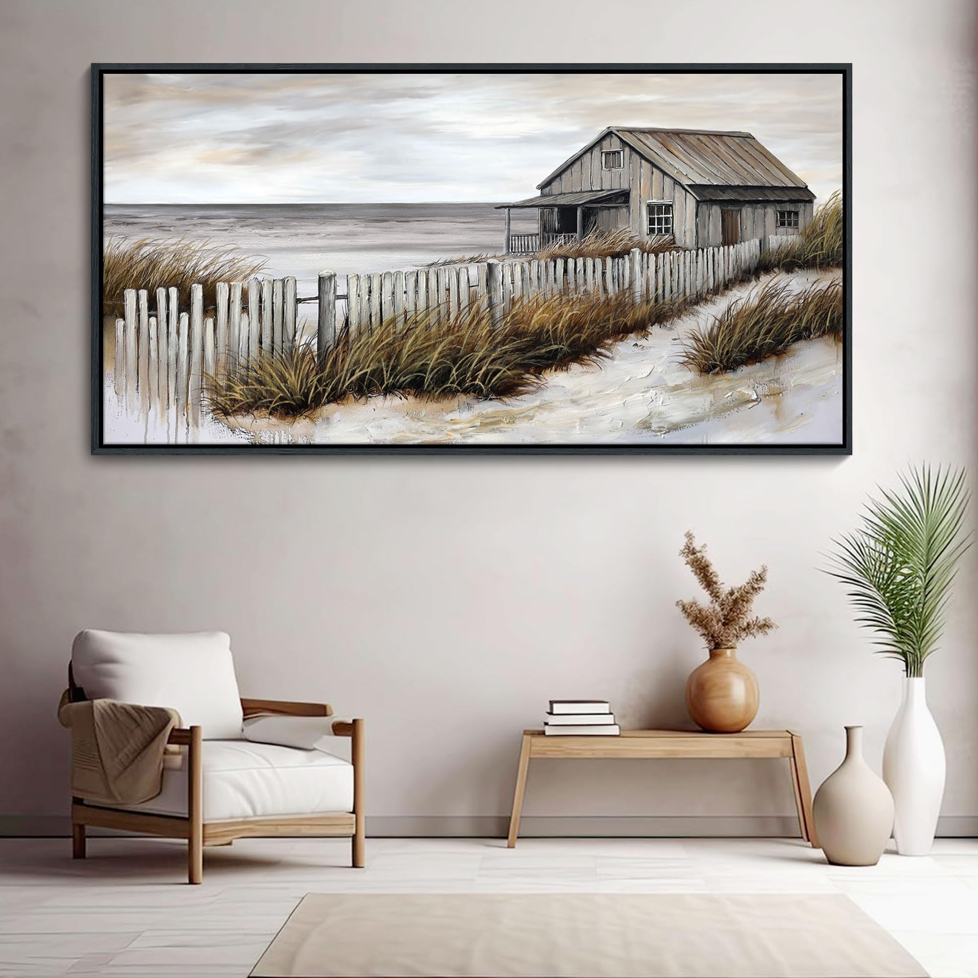YDYSUNE Village Coastal Wall Art for Living Room - Retro Beach Fenced House Canvas Wall Decor for Home Artwork Painting Print for Bedroom Decoration