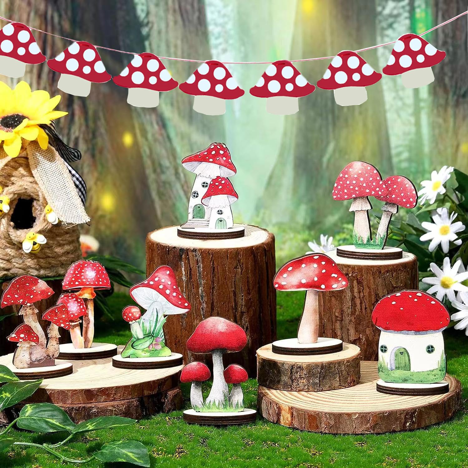 3-Piece Mushroom Happy Birthday Banner - Watercolor Forest Theme Party Decorations