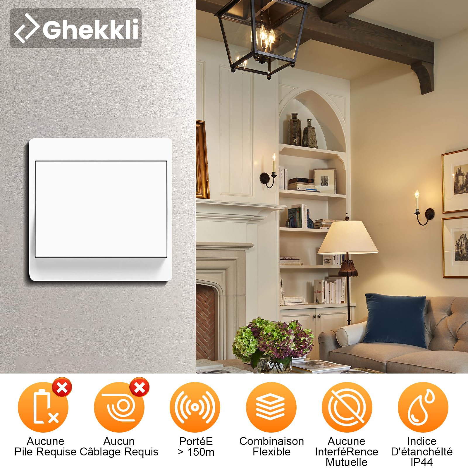 EU Interrupteur Sans Fil Sans Piles, Lot de 2 kit 230 V Interupteur Sans Fil Autoalimente Commutateur RF sans fil Contrôlez votre lampe jusqu'à 200 mètres (EU Kit 1 récepteurs + 2 interrupteurs)