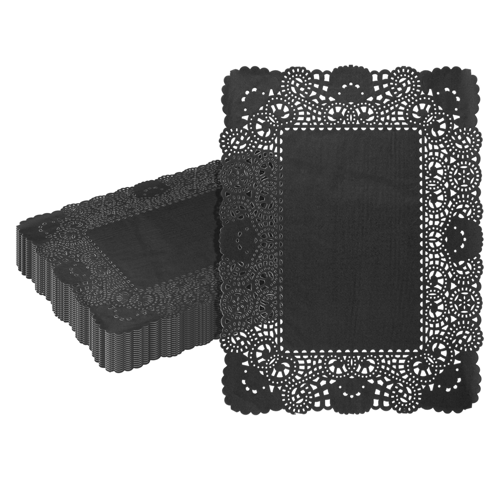 Restaurantware Pastry Tek - Tapetes de papel de encaje de 15.75 x 12 pulgadas, 100 tapetes rectangulares desechables para mesa, elegante acabado de encaje, de larga duración, papel negro, para