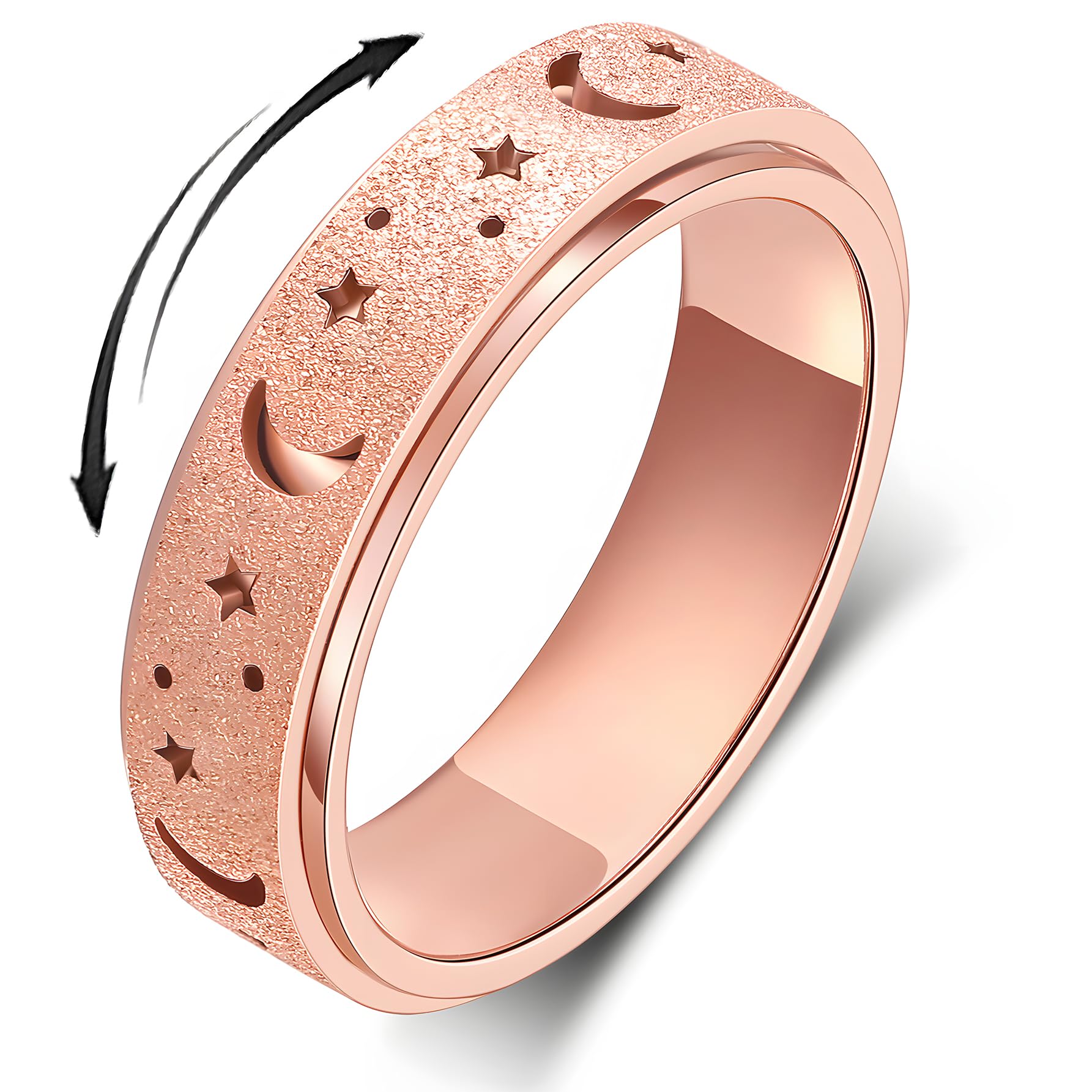 AmorArtSky Anxiety Ring for Women Men, Titanium Stainless Steel Spinner Ring, 5 Colors, 6MM, Size 6-10, 3 Styles Anxiety Ring-Moon Star, Sandblasted
