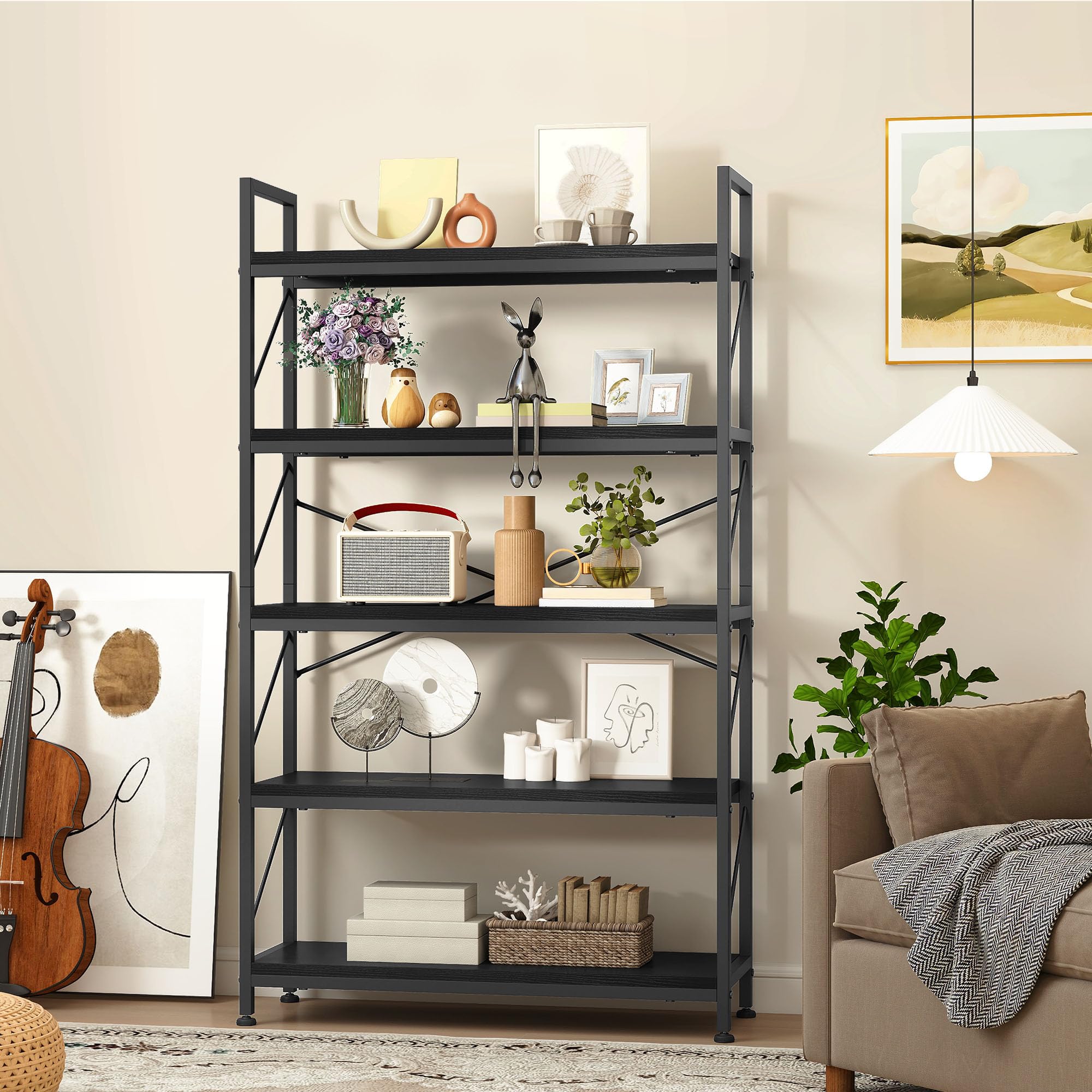 DWVO Tall Bookcase 5 Tiers, Industrial Book Shelf 80cm Wide 158cm High Large Book Case Wooden Shelf and Metal Shelving Unit Display Storage Rack for Living Room, Home Office, Black Bookshelf