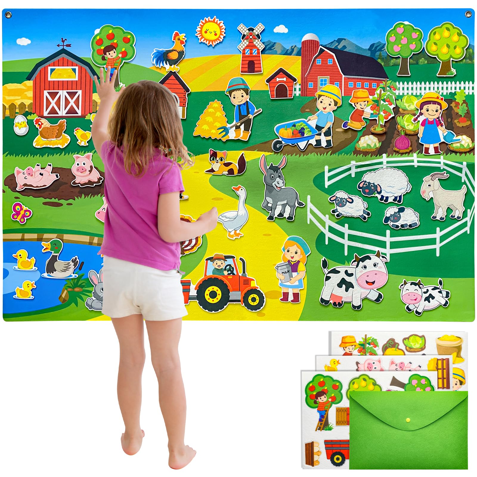 Farm Animals Felt Story Board Set,44 * 28in Flannel Board for Wall,with 52 Felt Pieces,Farmhouse Theme Story Preschool Storytelling,Learning Interactive,for 3 Years +,Gift for Toddlers