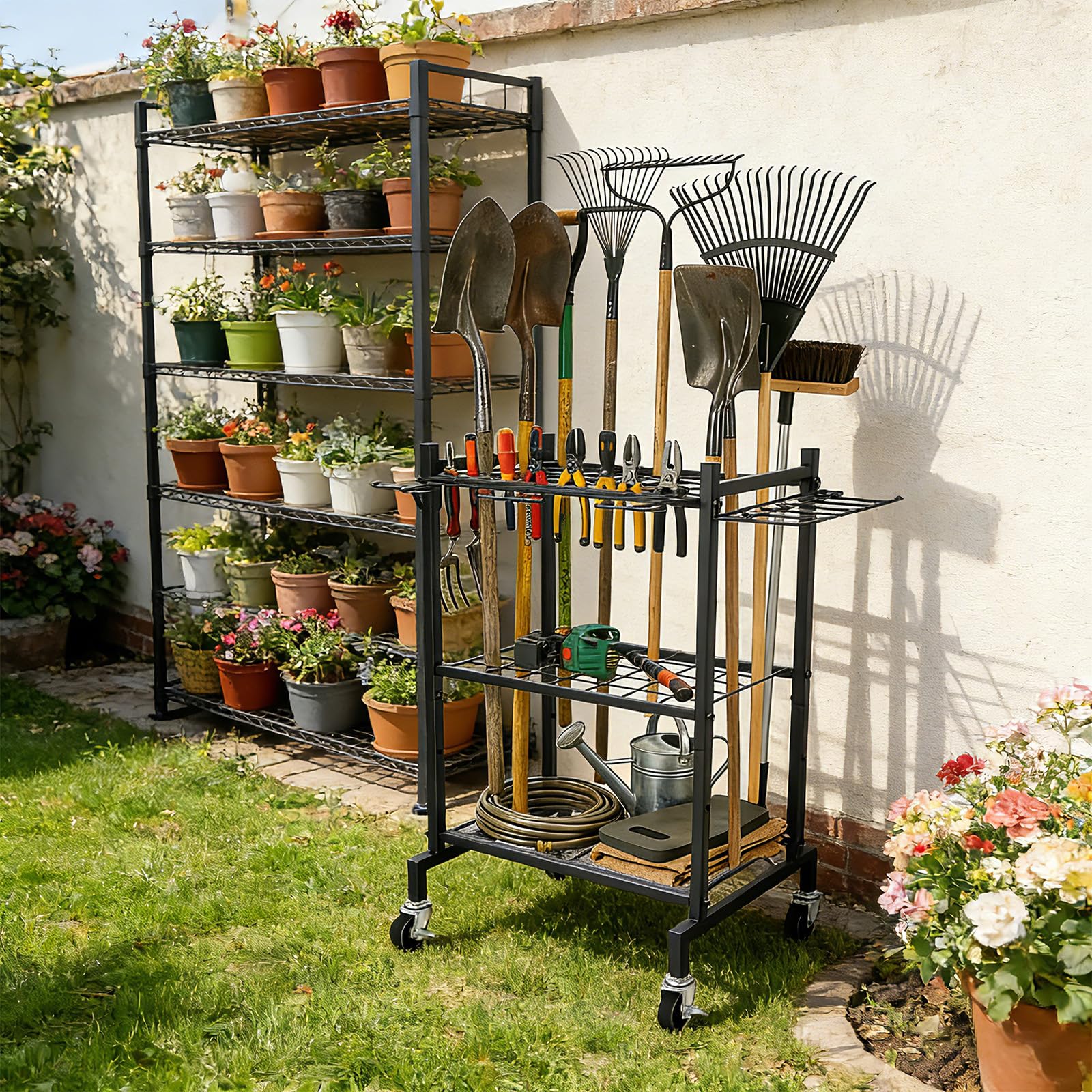 Gartengeräte Halterung Ständer Mit Rollen,71 * 42 * 31cm,Gartengeräte Halterung Mit 4 Haken 35 Schlitzen Für Besen,Gartengeräte Aufbewahrung Ständer Für Besen,Schaufeln,Rechen