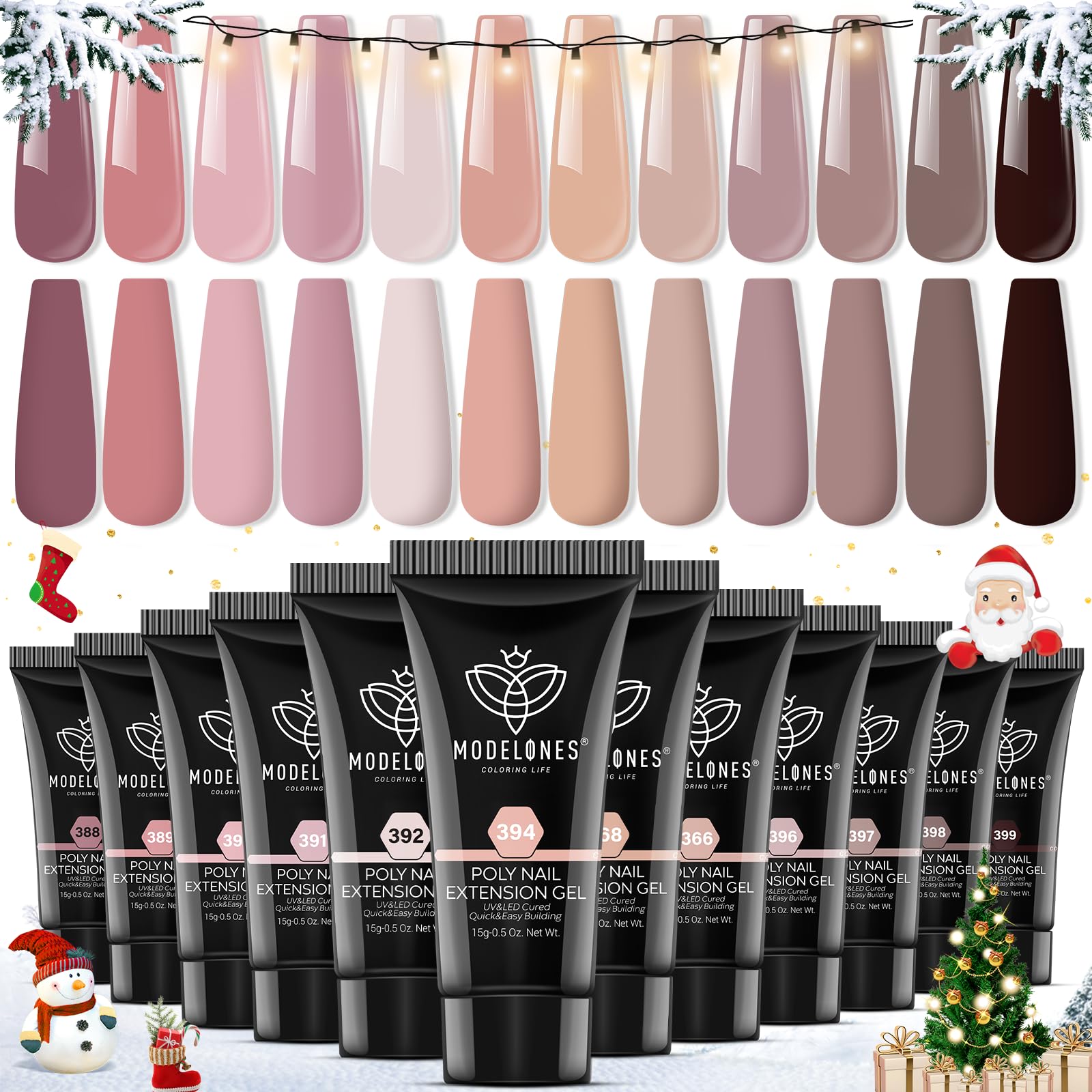 modelones Poly Nail Gel Set - 12 Colors 15g Nude Pink Brown Tone All Seasons Poly Nail Extension Gel Kit Trendy Art Design Professional Salon at Home Holiday Gift for Girl