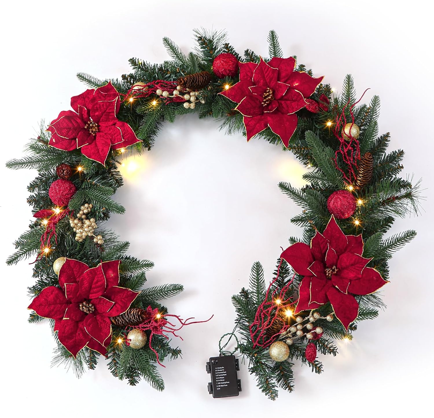 SHareconn 9FT Prelit Christmas Garland with Multi-Color LED Lights, Battery-Operated Timer, Includes Flower Ball & Poinsettia for Table Mantle Fireplace Indoor Outdoor Xmas Decor, Red and Gold, 9 FT