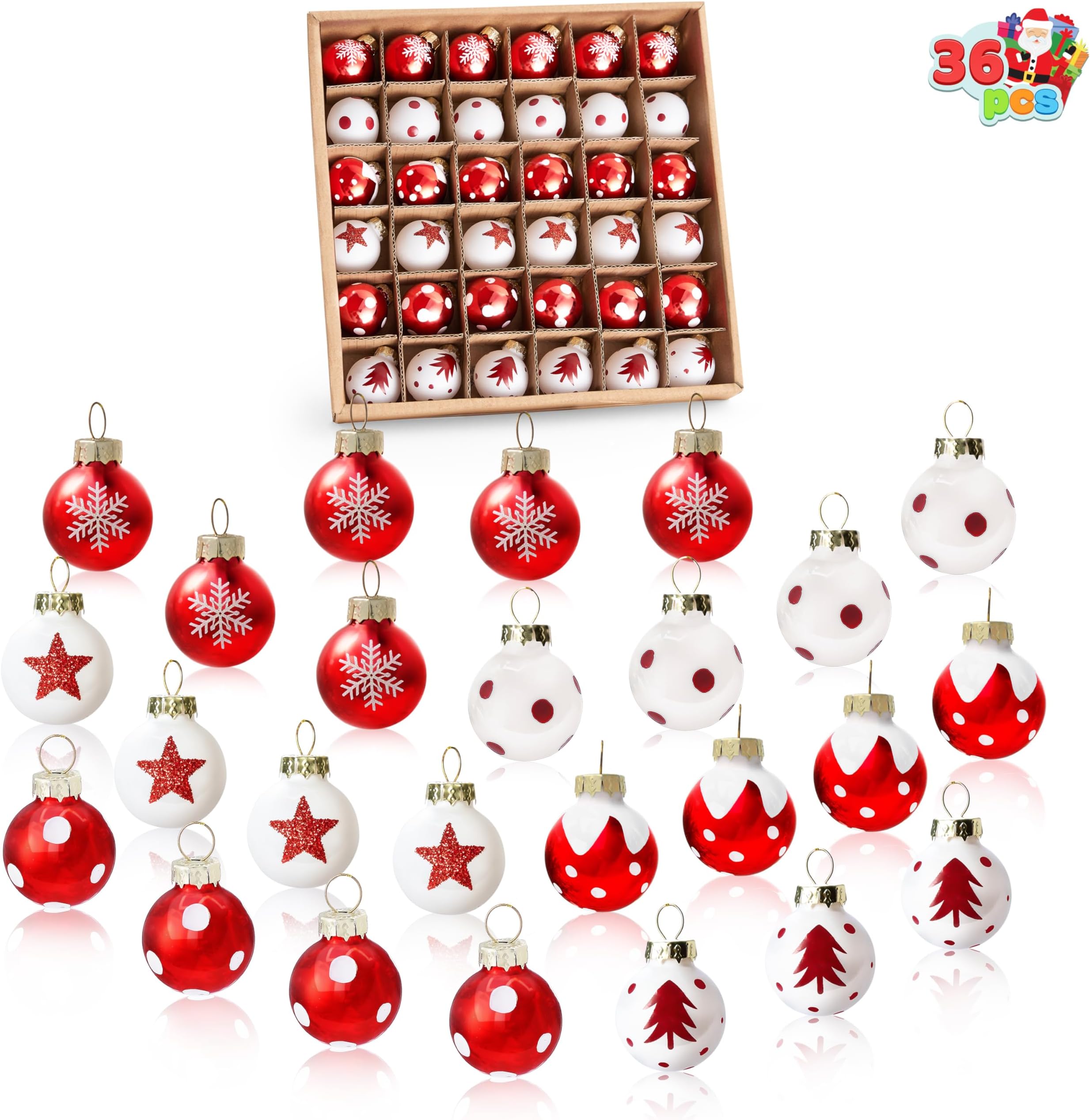 JOIEDOMI 36 Pcs Christmas Mini Ball Ornament Set, Metalic Glass Balls with Glitter Prints & Rope Hangers, Hanging Miniature Ornaments for Christmas Tree, Xmas Glass Party Decor Supplies (Red & White)