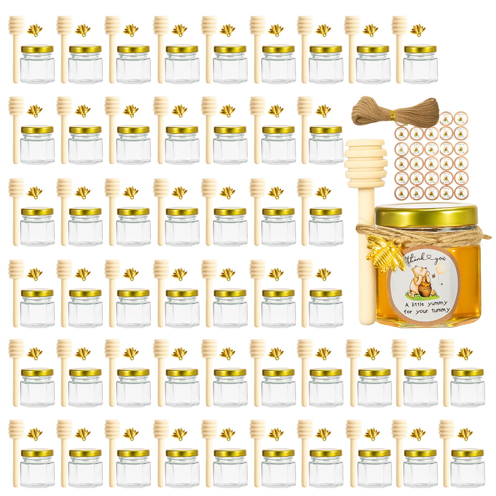 Youyijia 50er Set Mini Honiggläser, 1,5oz Hexagon-Glasflaschen mit Holz-Dipper, Goldener Deckel, Bienenanhänger, Jutesackabdeckung & Etiketten für Hochzeiten & Partygastgeschenke