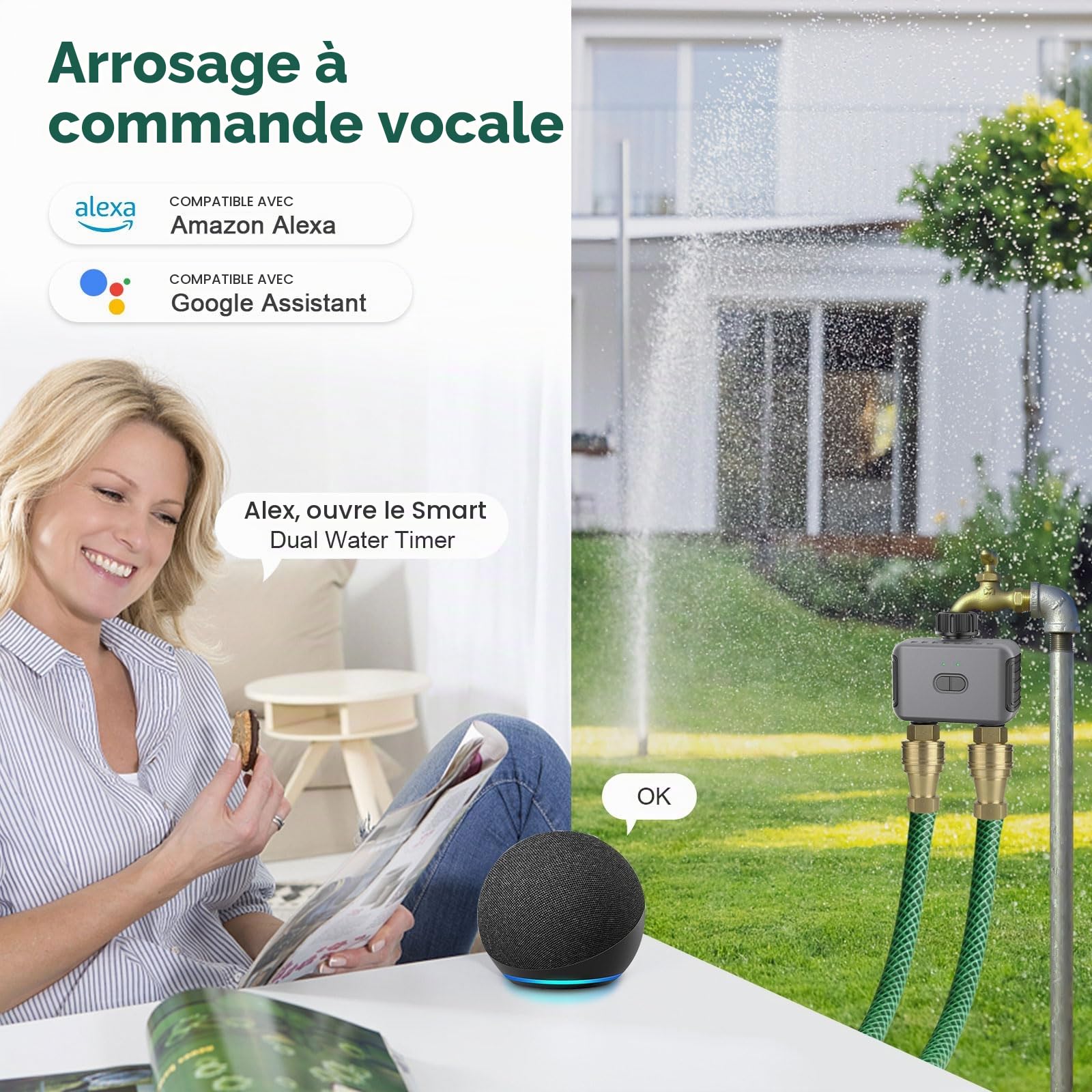 Haozee Minuteur d'eau intelligent WiFi - 2 zones - Minuterie d'arrosage WiFi - Minuteur intelligent pour l'eau - Système d'arrosage automatique de jardin