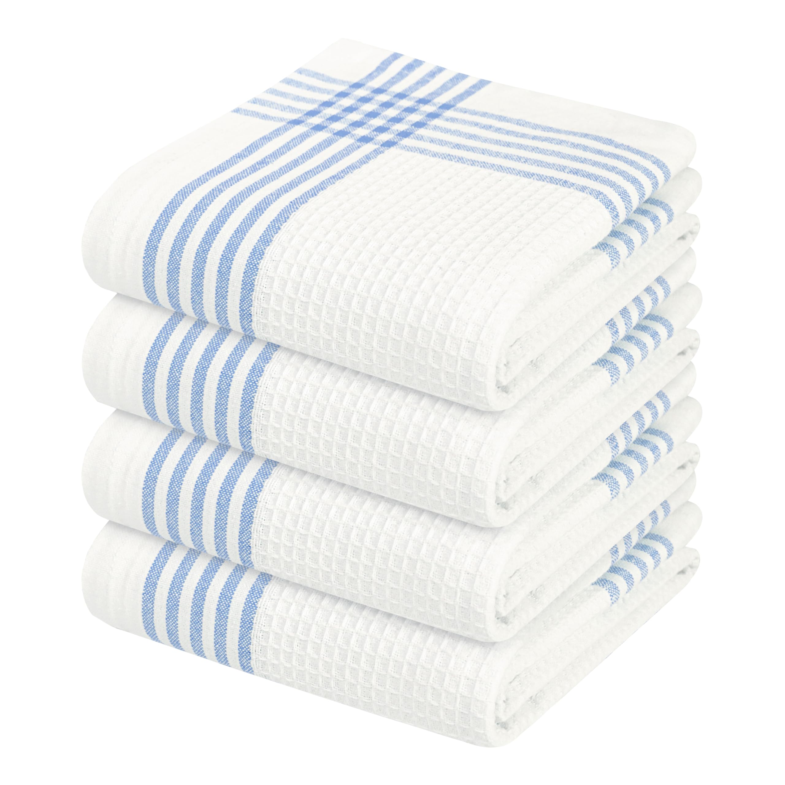 Waffle White &amp; Sky Blue Kitchen Towels 4 Pack, 100% Cotton 16x26 inches, Quick Dry Bar Mop Towel, Super Absorbent Wash Cloths for Cleaning, Drying Dishes, Long Lasting Dishcloth