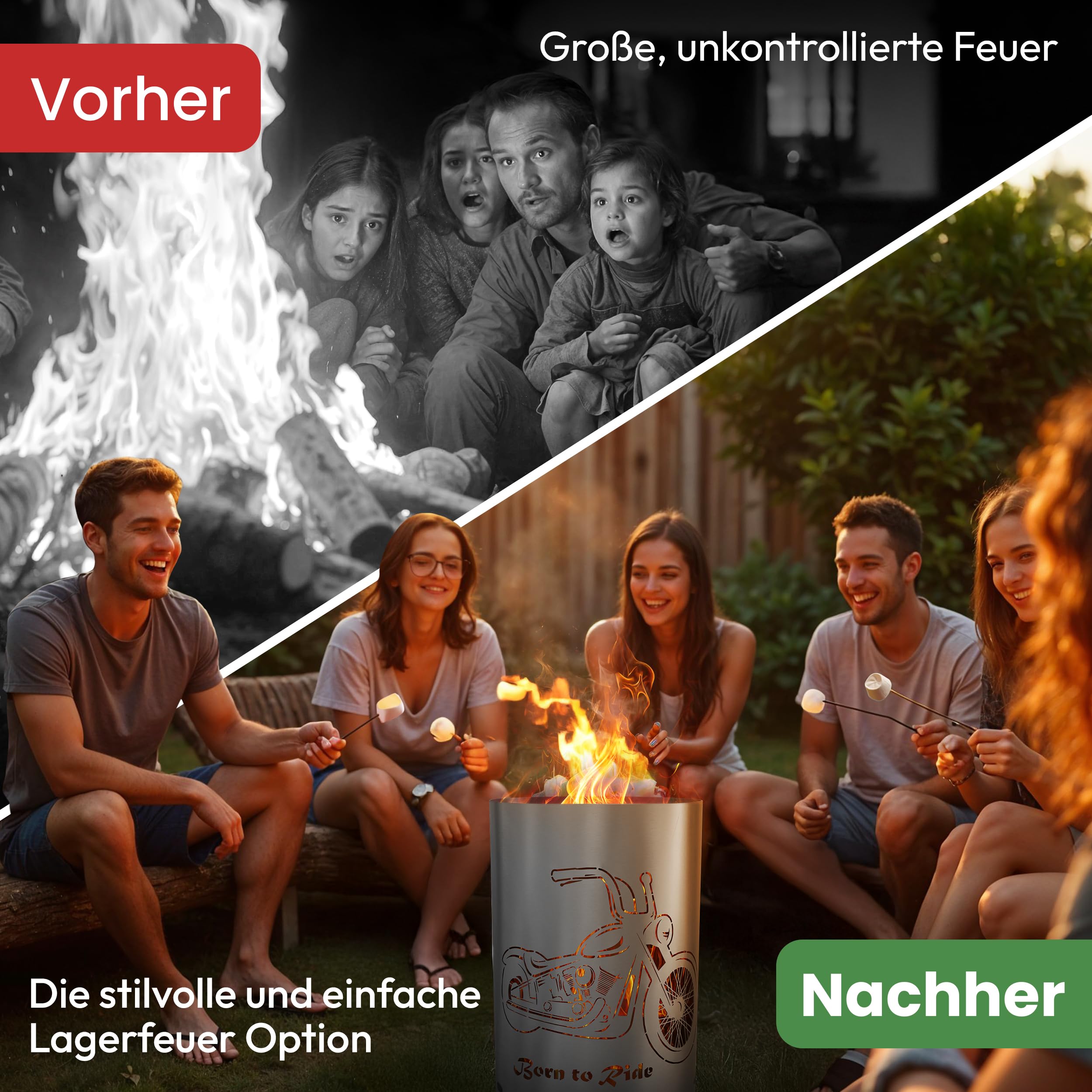 TiKo-Design® Feuertonne Feuerkorb mit Born to Ride Chopper Motiv