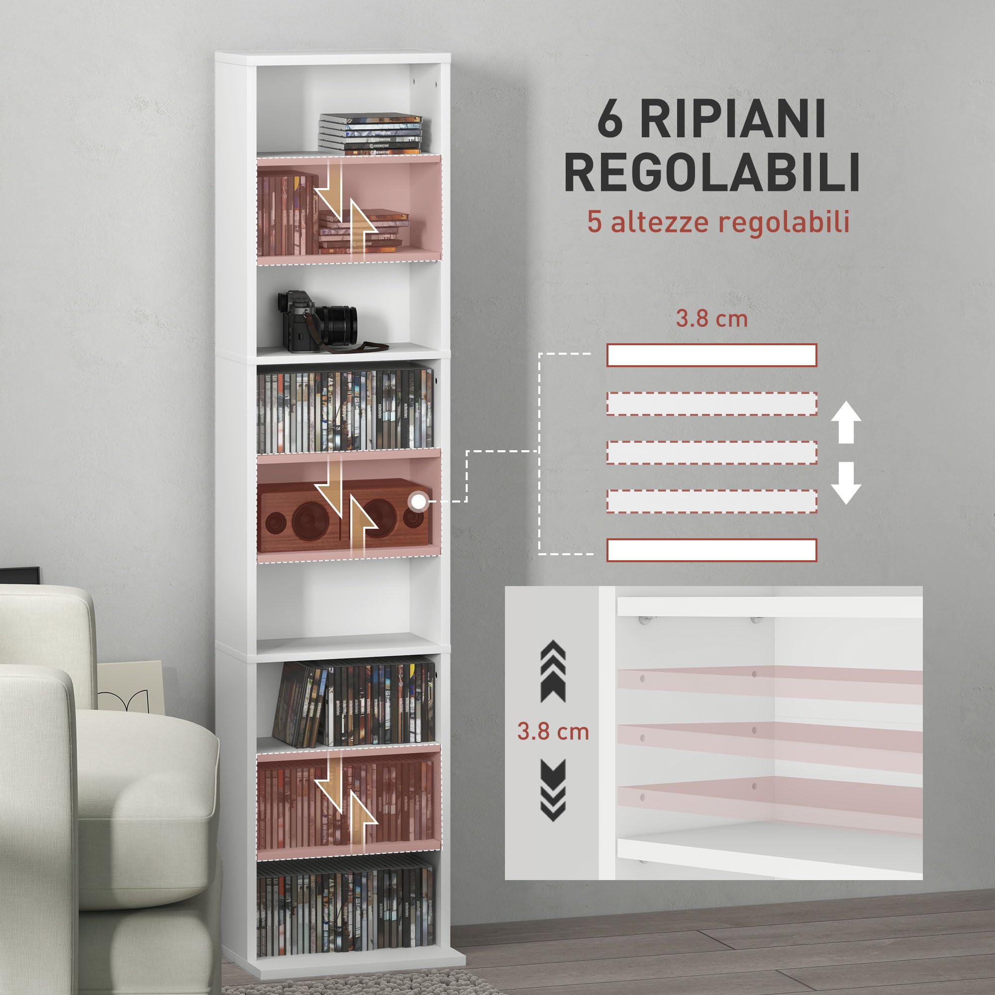 HOMCOM Mobile Porta CD con 6 Ripiani Regolabili, Scaffale Porta 260CD/120DVD Salvaspazio in Legno, Mobile Portacd con 9 Scomparti, per Soggiorno, Camera da Letto, Ufficio, 33x24x140 cm, Bianco
