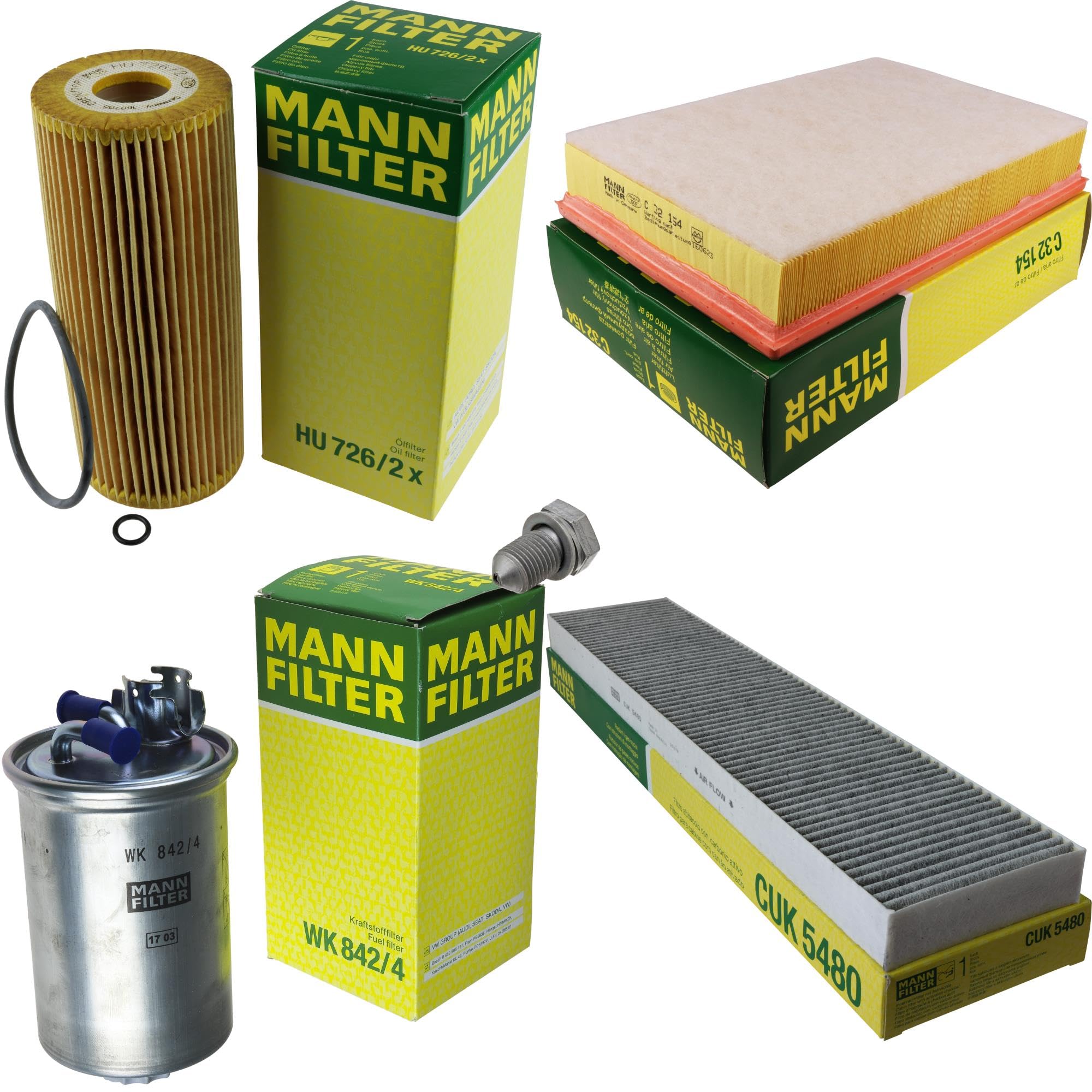 Paquete de inspección Kit de mantenimiento de filtros con filtro de aceite HU 726/2 x, filtro de aire C 32 154, filtro de combustible WK 842/4, filtro de habitáculo CUK 5480, tornillo de