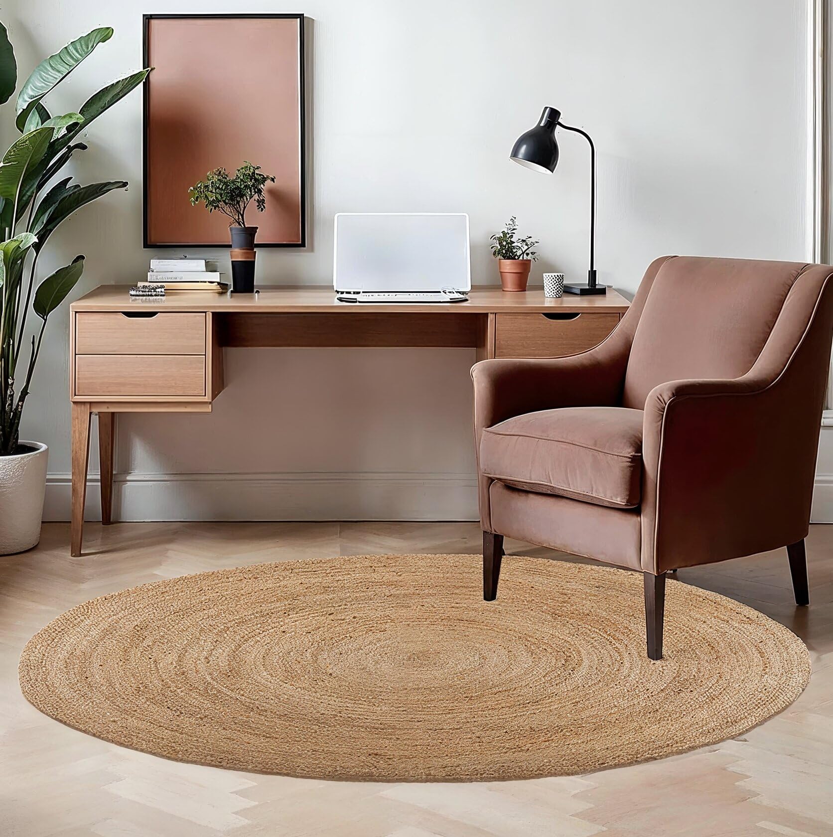 REDEARTH · Round Area Rug - 5 Feet Braided Natural Jute Rug- Artisan Made Reversible Boho Jute Rugs for Bedroom - Kitchen - Living Room - Farmhouse -