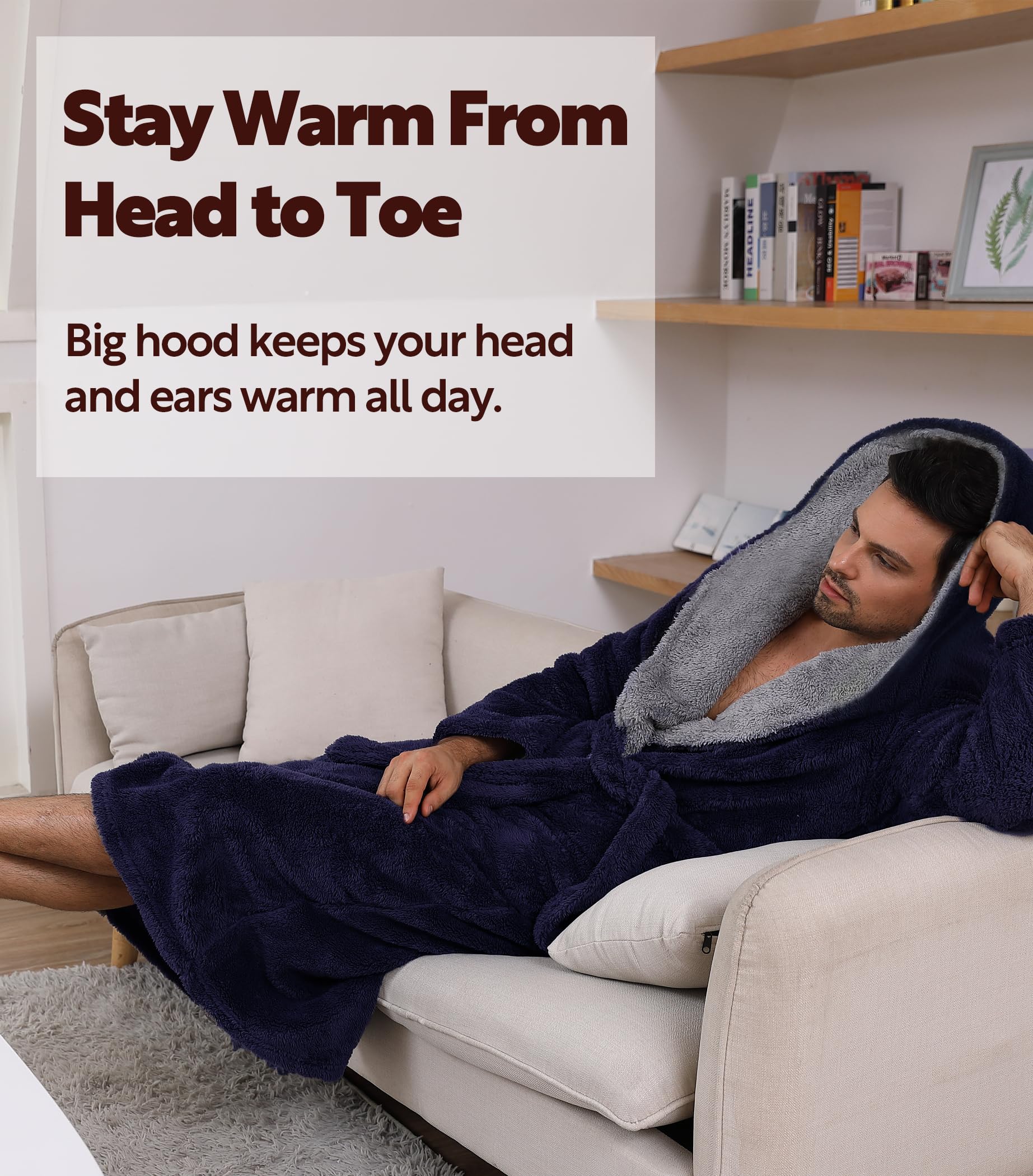 DAVID ARCHY Men's Soft Plush Fleece Robe Full Length Hooded Long Bathrobe for Men with Hood (L, Navy Blue- Shu Velveteen)