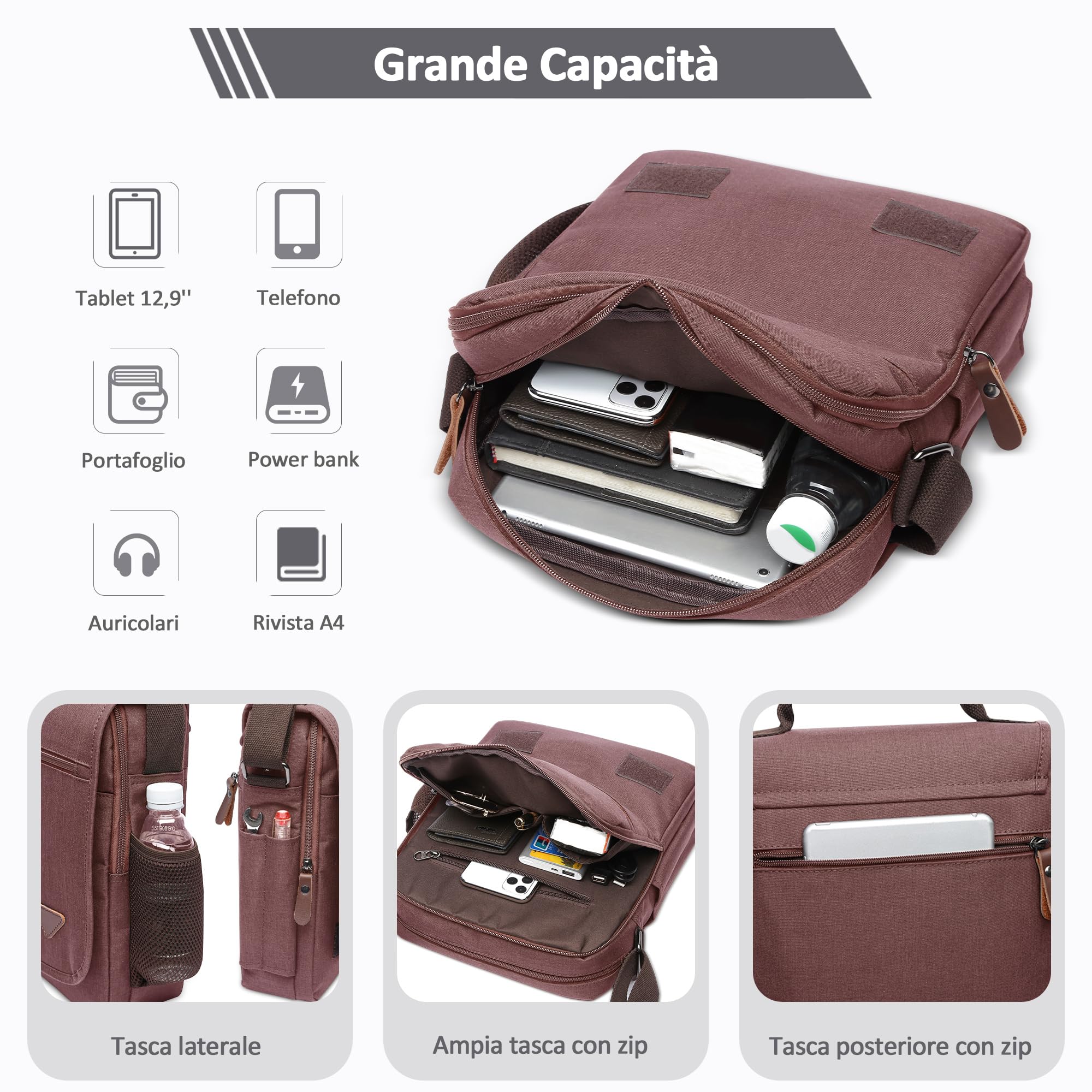 Moda Uomo Borsa a Tracolla Elegante Borse Messenger Ventiquattrore 12.9 pollici Laptop Messenger Bag Briefcase Viaggio Causale Lavoro Scuola Uomo Borsa a Tracoll Marrone