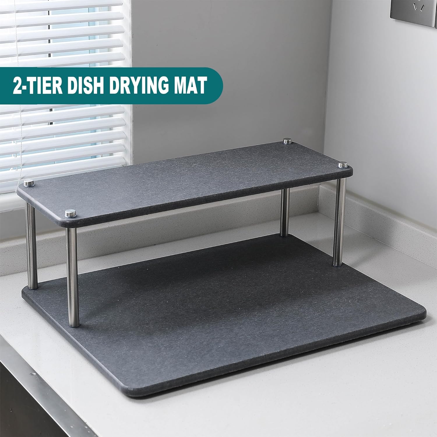 Stone Drying Mat for Kitchen Counter,2-Tier Space-Saving Dish Drying Mat Instant Water Absorption,Non-Slip,Heat-Resistant,Stone Drying Mat for Dishes and More(dark gray, 15.7*11.8*5.9inches)