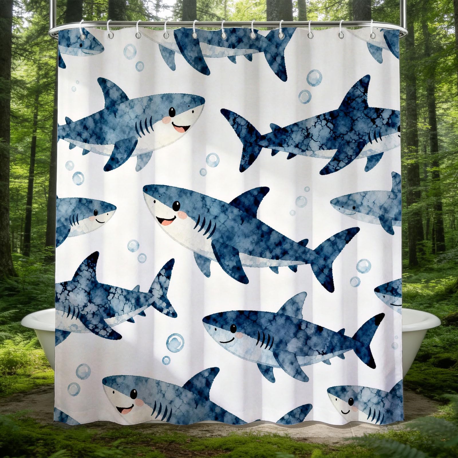 Hongduo 3D Watercolor Shark Shower Curtain for Stalls Bathtubs Simple Bathroom Decor Shower Curtain Set Polyester Fabric Waterproof 180x180cm/71X71 Inch with Hooks