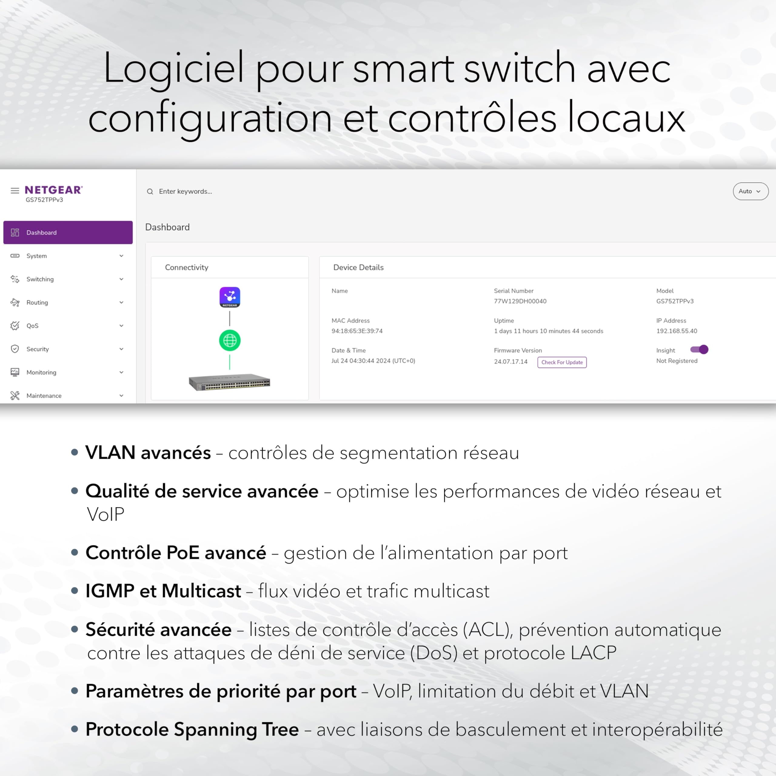 NETGEAR (GS728TXP) Smart Switch Web manageable Gigabit Ethernet PoE 28 Ports, avec 24 Ports PoE+ 190W, 2 Ports SFP+ 10 Gigabit, Administration Cloud Insight, Mur ou Rack