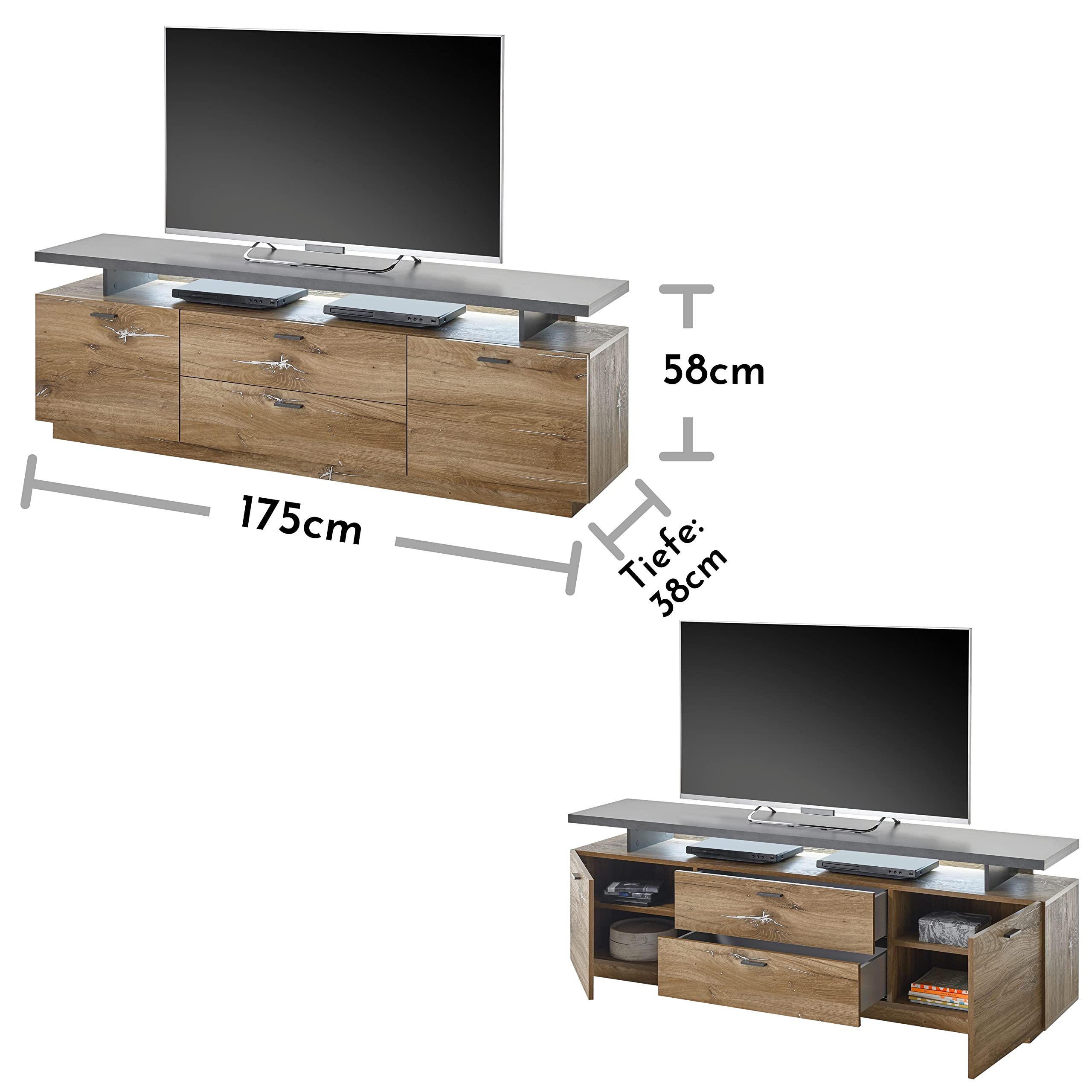 Stella Trading Kingston - Mueble bajo para televisor con Aspecto de  cajones, con iluminación para el salón, Material de Madera, Color Roble y  Grafito, 175 x 58 x 38 cm : Amazon.es: Hogar y cocina