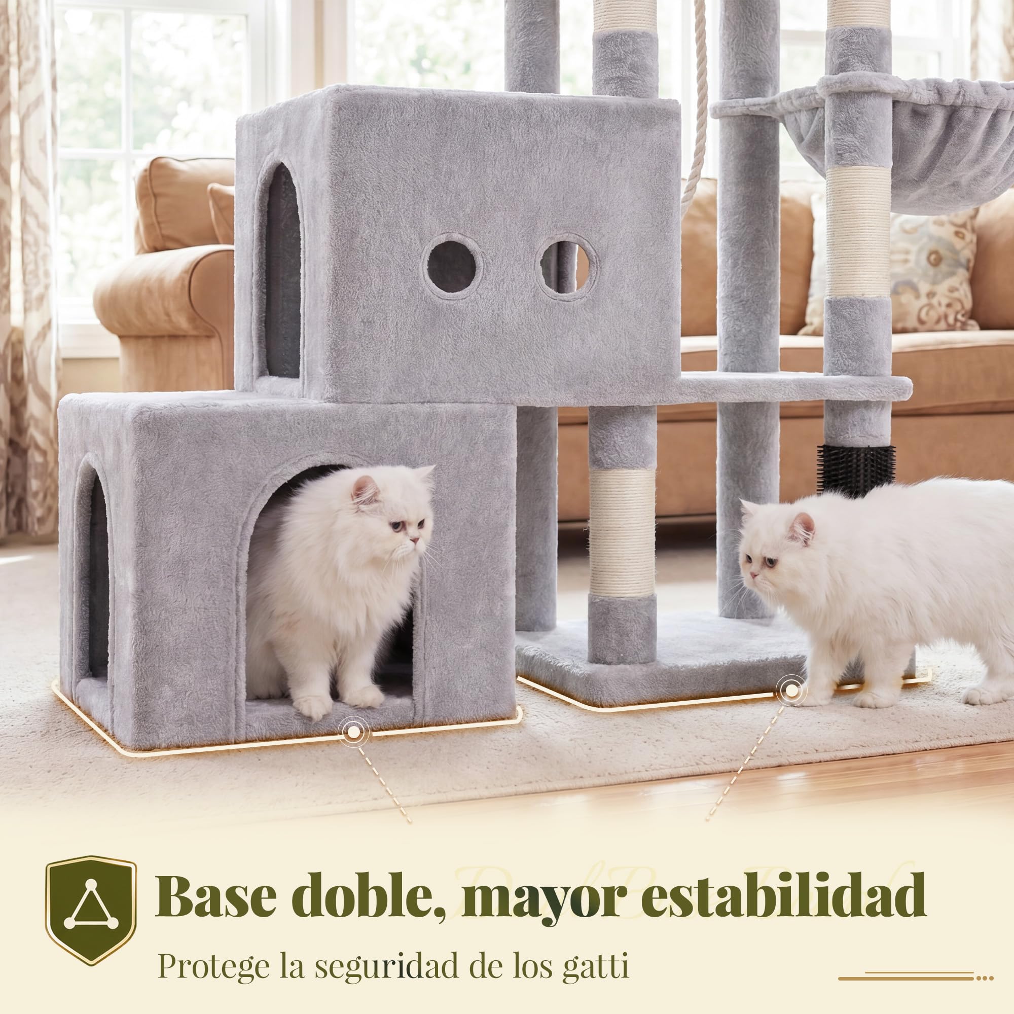 Hey‑brother Rascador para Gatos, Diseño Escalonado, 2 Cuevas, MPJ061W | 130cm Árbol para Gatos, 2 Plataformas, Cesta, Cepillo para Mascotas, para Gato de Interior, Gris Claro