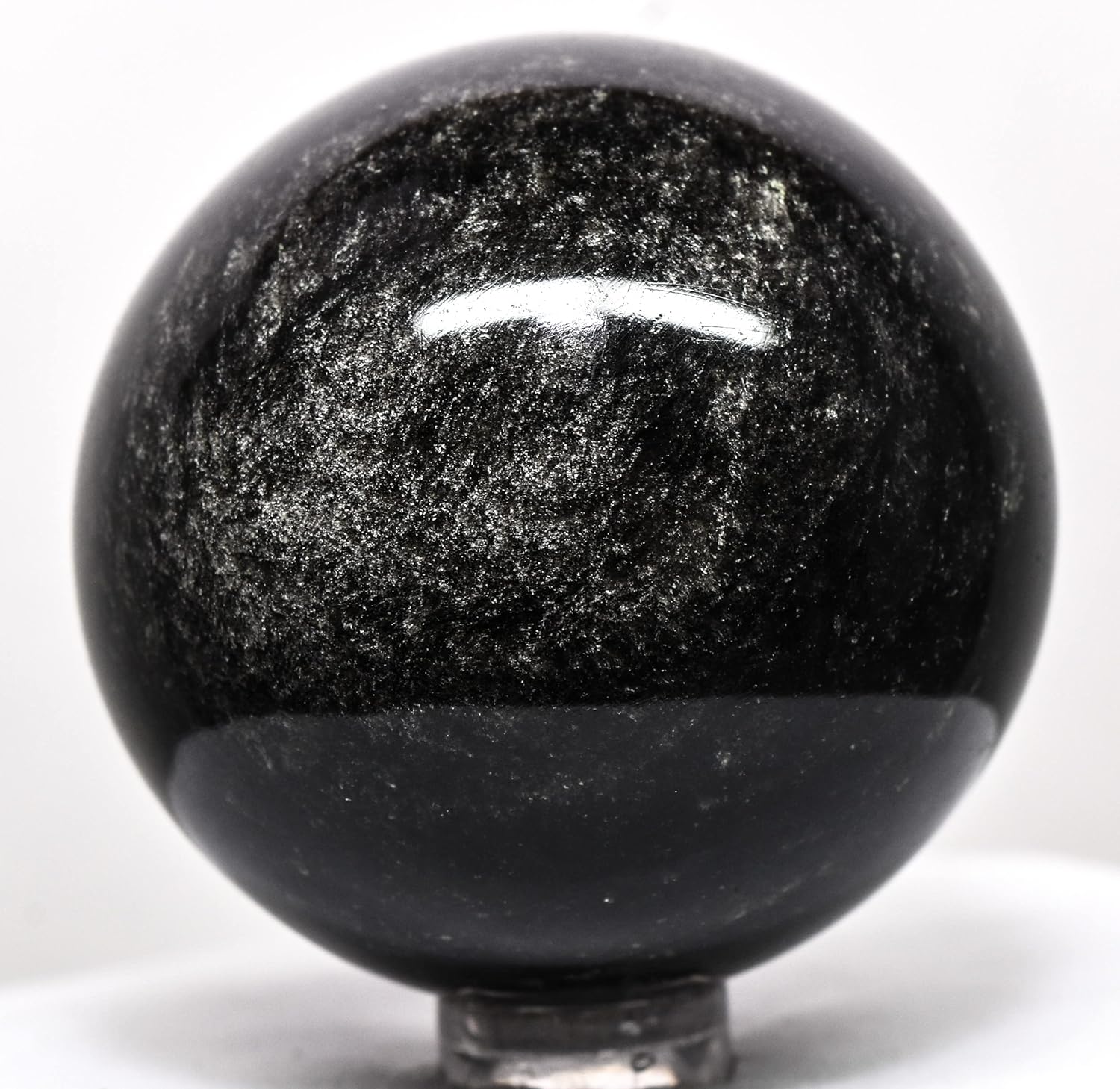2.1" Silverish Sheen Obsidian Sphere Sparkling Natural Mineral Ball Volcanic Glass Crystal Polished Gemstone - Mexico + Stand