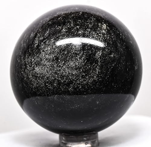 Esfera de obsidiana brillante plateada de 2.1 pulgadas, bola mineral natural brillante de cristal volcánico, piedra preciosa pulida, México + soporte