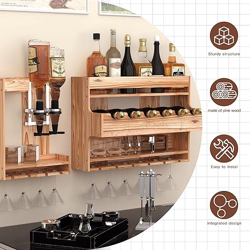 Miniatura 9 de ybaymy Estante para vino montado en la pared con dispensador de licor de 2 botellas, estante de madera para vino con soporte para botellas y vasos,