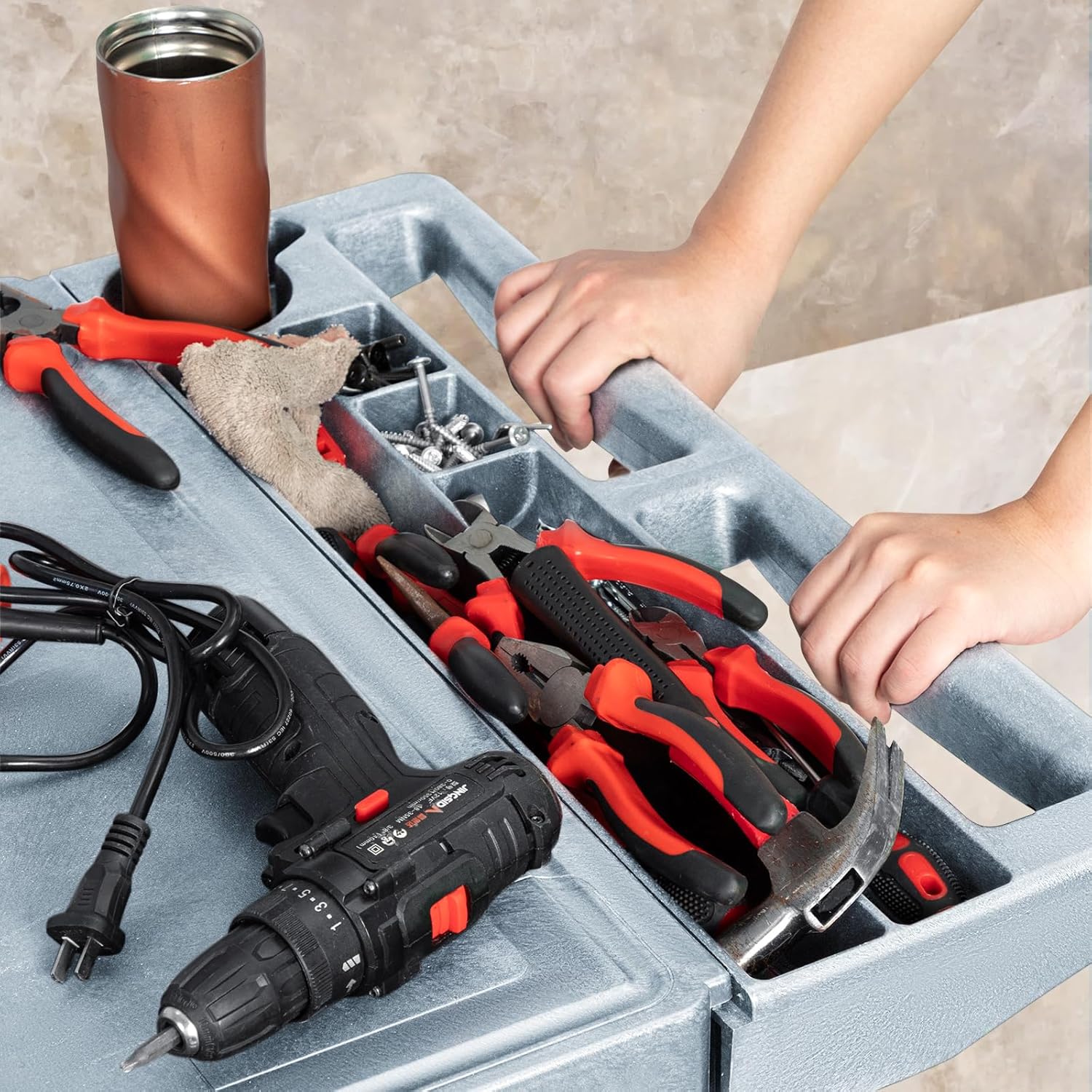 2 Tier Rolling Utility Cart on Wheels, 550 lbs Capacity Flat Top Plastic Tool Cart with Lipped Shelves, 46 x 26-Inch Heavy Duty Work Cart for Warehouse, Garage, Cleaning, Gray