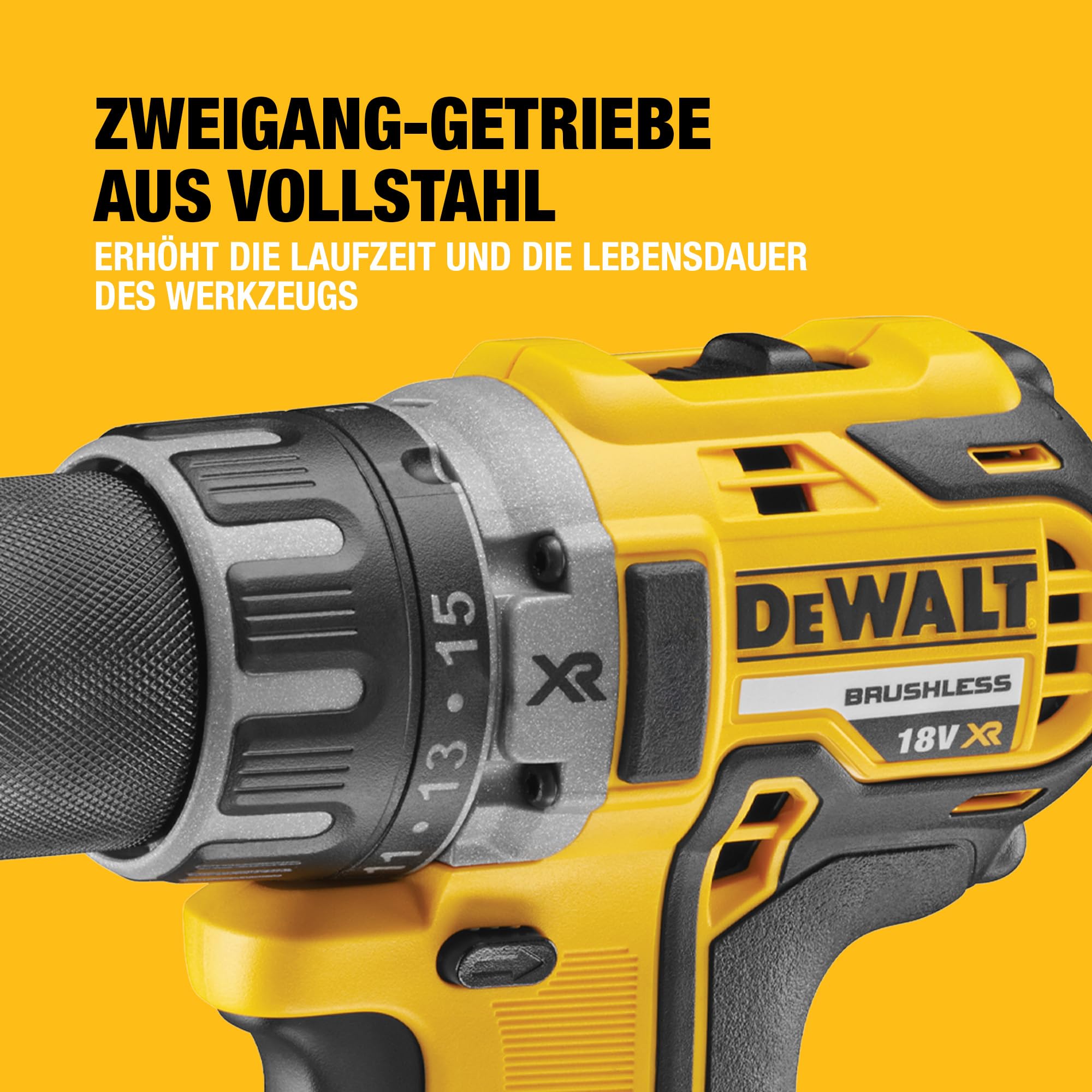 DEWALT 18 Volt 2-Gang Bohrschrauber (bürstenloser Motor,15-stufiges Drehmomentmodul,13 mm,LED-Leuchte,Lieferung ohne & Ladegerät),DCD791NT-XJ,Battery Powered,Bare Unit,Yellow/Black, Battery Powered