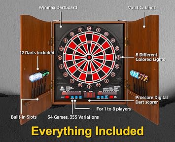 Electronic Dart Board, Soft Tip Dartboard Cabinet Set for Adults, LCD Scoring Dartboard with 34 Games & 355 Variants, Up to 8 Players,12 Darts+100 Tips, Wall Mount for Man Cave Bar Game Room