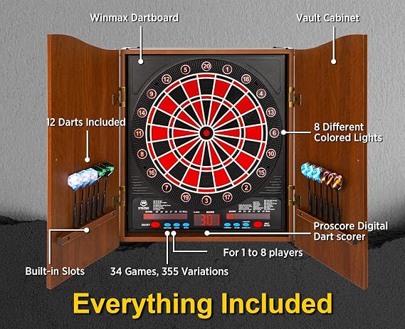 Electronic Dart Board, Soft Tip Dartboard Cabinet Set for Adults, LCD Scoring Dartboard with 34 Games & 355 Variants, Up to 8 Players,12 Darts+100 Tips, Wall Mount for Man Cave Bar Game Room