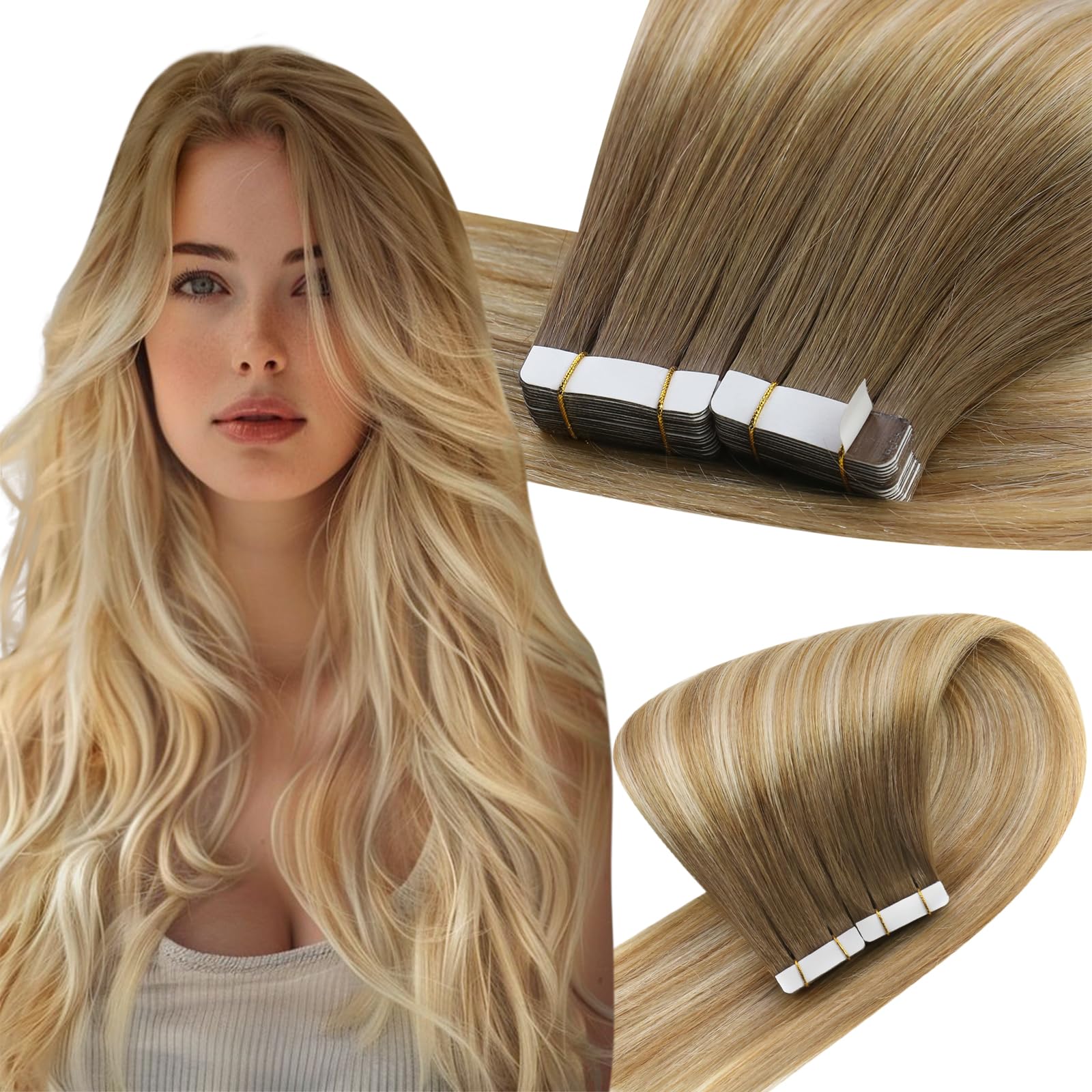 Easyouth Ombre Tape in Hair Extensions Human Hair Balayage Tape in Extensions Real Human Hair Brown to Blonde Balayage Tape in Human Hair Extensions Tape ins Remy 12 Inch 30g 20Pcs