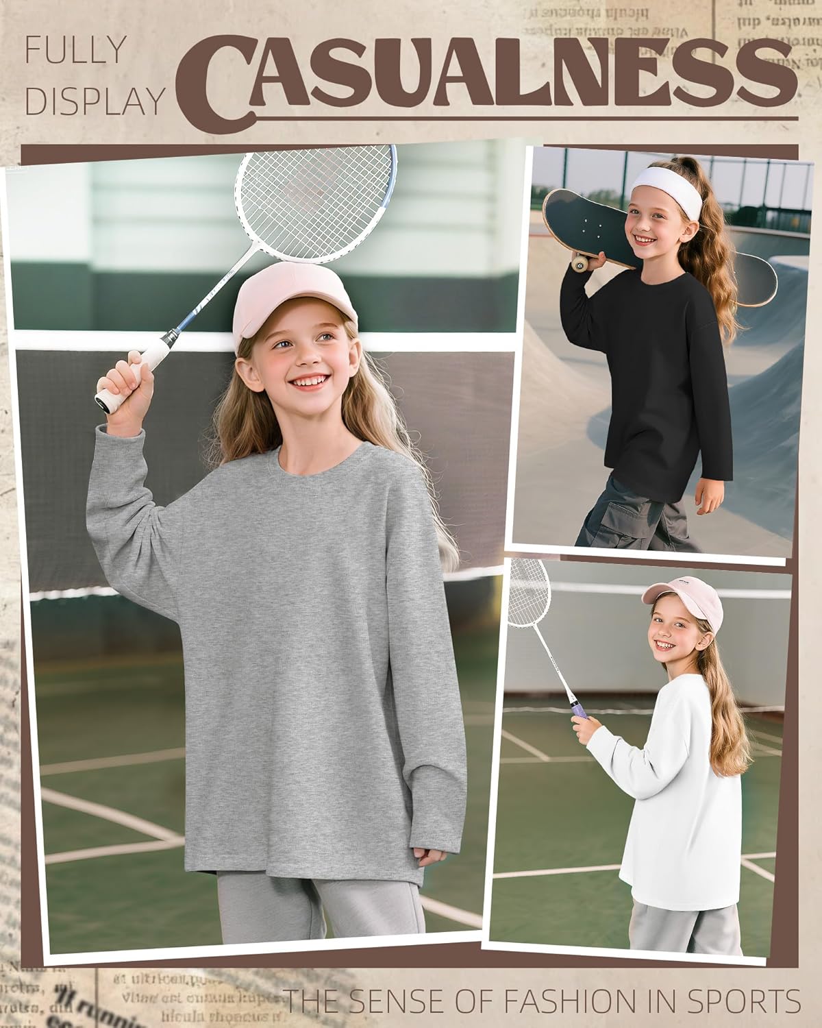 3 Pack Girls Oversized Long Sleeve Shirts Kids Loose Fit Crewneck Tops Trendy Fall Casual Basic Tees 5-14 Years - Image 2